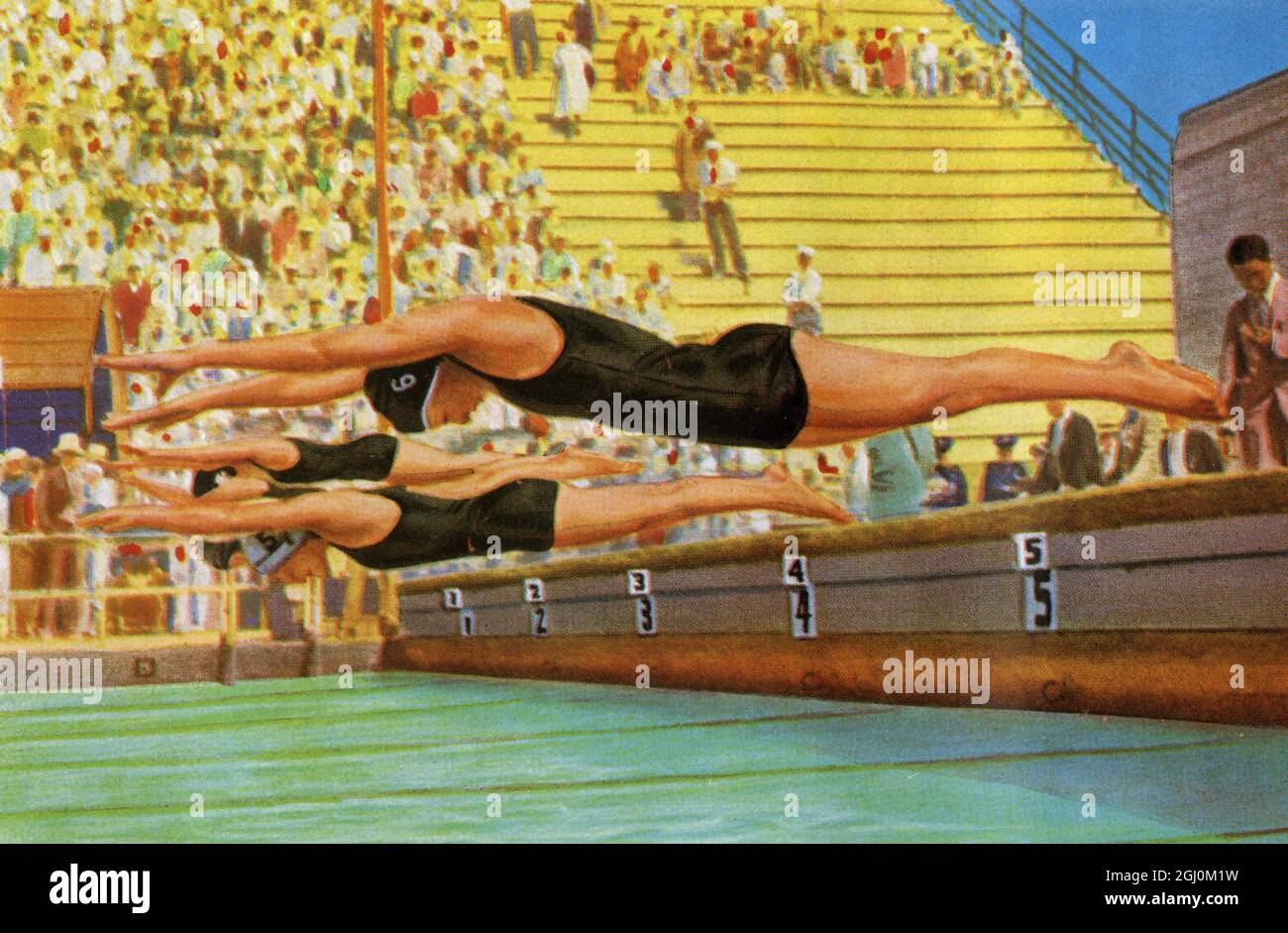 Der Start der 100-Meter-Freistil der Frauen mit Helene Madison im Vordergrund bei den Olympischen Sommerspielen in Los Angeles, Kalifornien 1932 Stockfoto