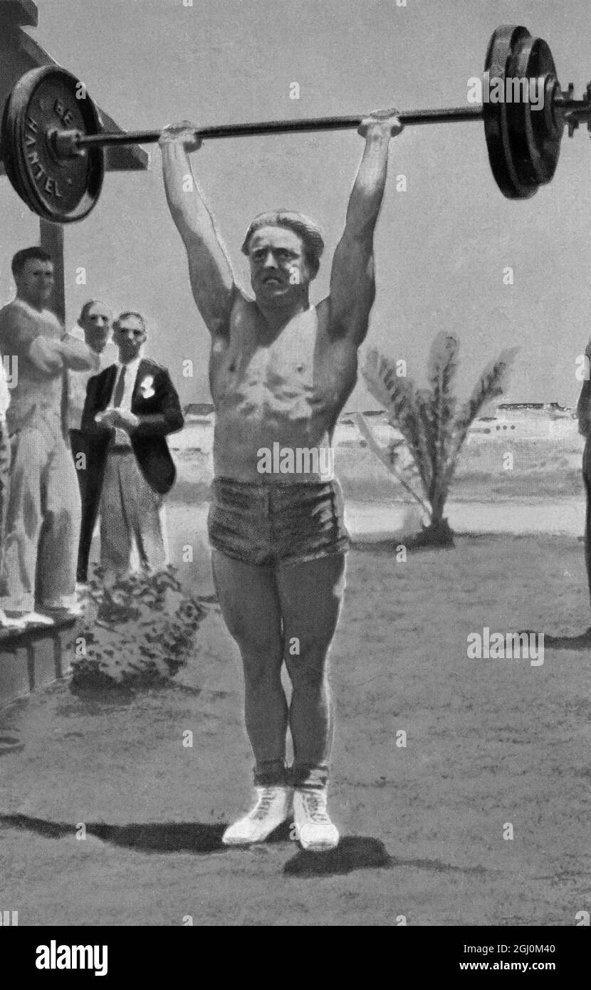 Gewicht1932 Olympische Spiele, Los Angeles, USA, Gold Meldalist Mittelgewicht Deutscher Gewichtheber Rudolf Ismayr Stockfoto