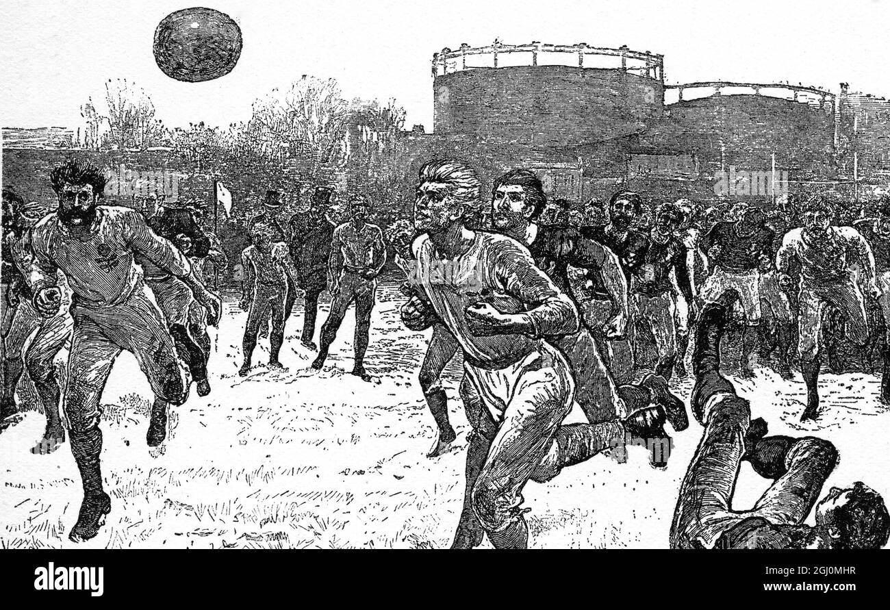 Ein England gegen Schottland Rugger Match in Kennington Oval in der ersten Viertelstunde, als die Engländer das Gasometer Tor verteidigten, wurde der Ball durch die schottischen Ränge gedrängt und an ihrem ' halben Rücken ' fast bis zur Torlinie getreten, Wo es von einem der ' Rücken ' gefangen wurde. Bevor er seinen Fallstoß nehmen konnte, wurde er von einem starken englischen „Stürmer“ in die Spinnerei geschickt, und das britische Team eilte in die schottischen Viertel. 1879 Stockfoto