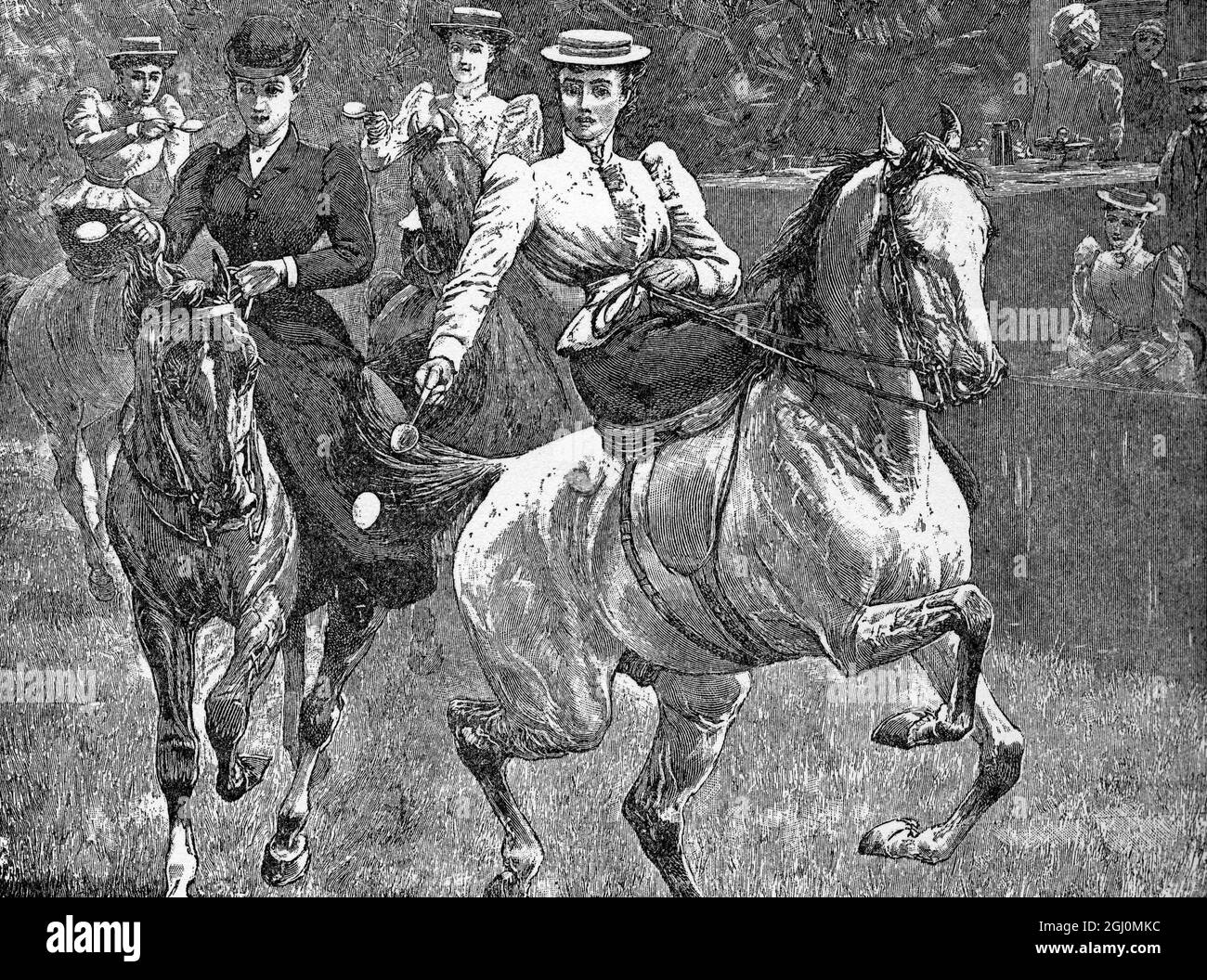 Ein Ladies' Egg and Spoon Race Ein besserer Wettbewerb für Gymkhana-Damen in Indien ist kaum vorstellbar als das Ei-Löffel-Rennen auf dem Pferderücken. Die zu überdeckenden Entfernungen waren 300 Yards. Es war ein Fall, in dem die Schildkröte den Hasen schlug, denn die Dame, die langsam und sedatierisch ging, schaffte es fast immer, 1895 zu gewinnen Stockfoto