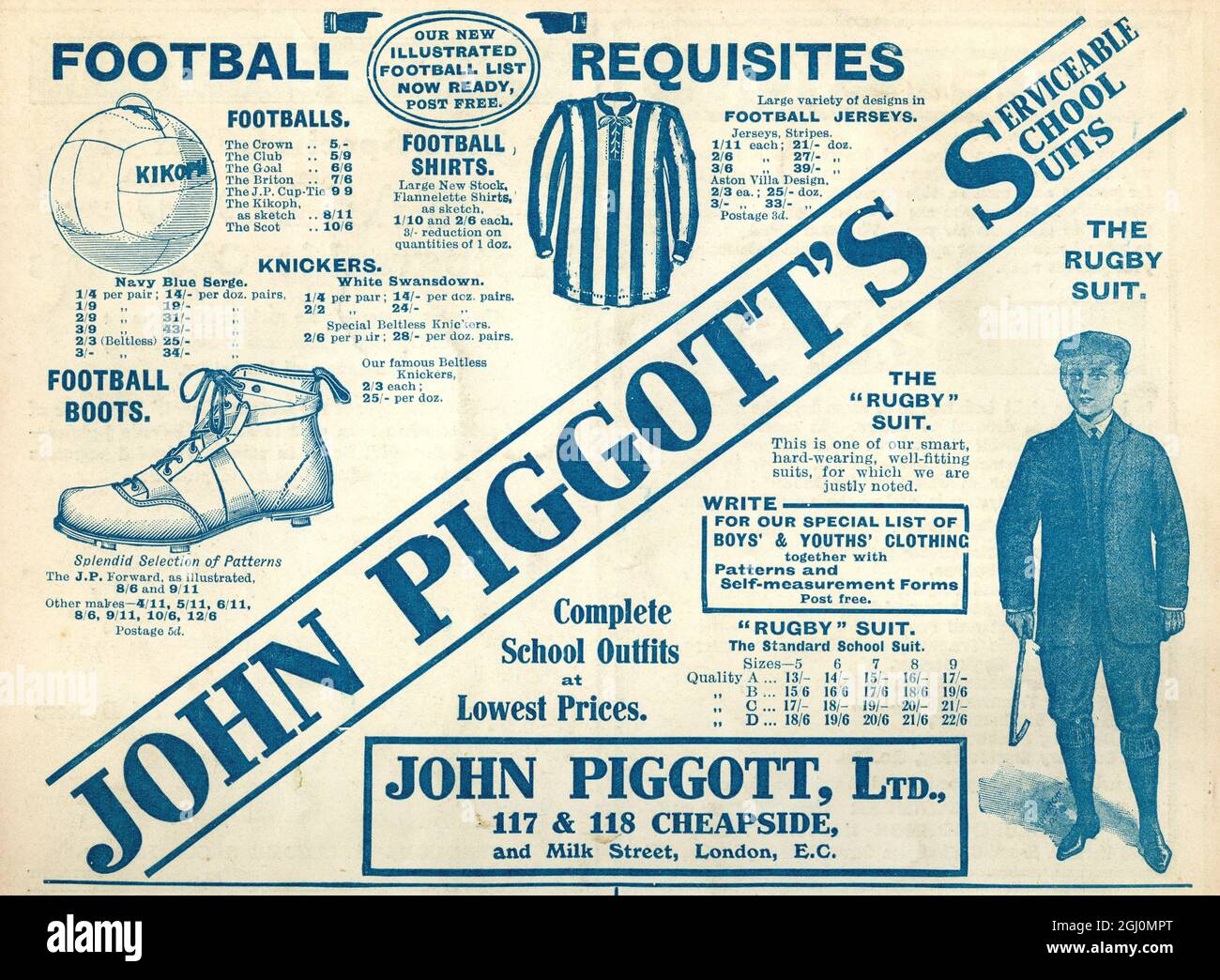 Werbung für Piggott's Football Requisites. 1910 Stockfoto