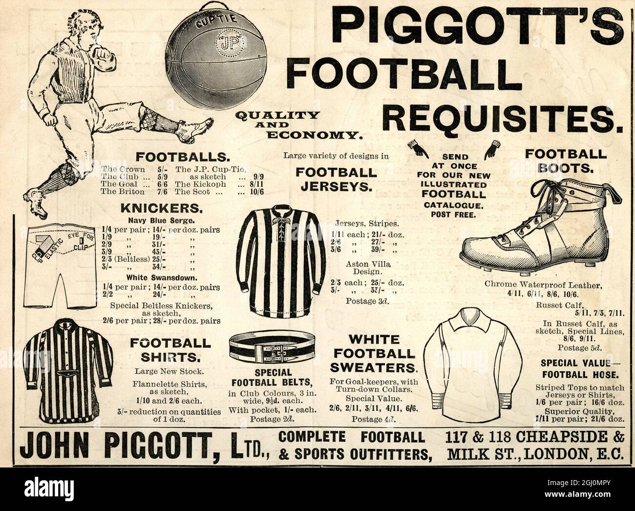 Werbung für Piggott's Football Requisites. 1909 Stockfoto