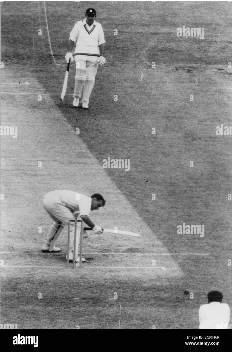 Peter May duckt, um einen Stoßfänger von Ian Meckiff , dem australischen Schnellbowler , zu vermeiden, der beschuldigt wird, den Ball „geworfen“ zu haben. Ein Zwischenfall während der ersten Innings Englands im zweiten Testspiel in Melbourne, das mit einem Sieg für Australien von 8 Wickets endete. Januar 1959 Stockfoto