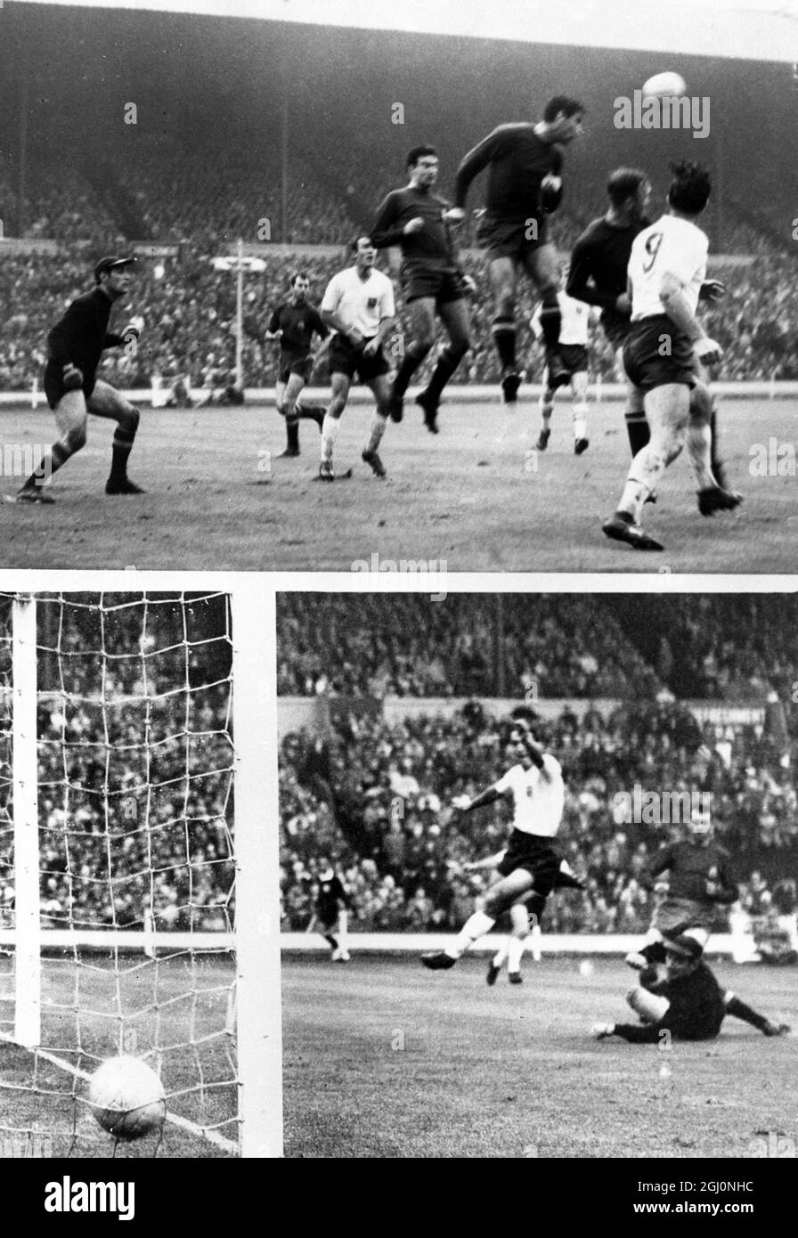 Douglas, der England Stürmer (weißes Hemd), erzielt im Wembley-Stadion Englands zweites Tor in der Länderspiele gegen Spanien. England gewann 4 Tore zu 2 . Oktober 1960 Stockfoto