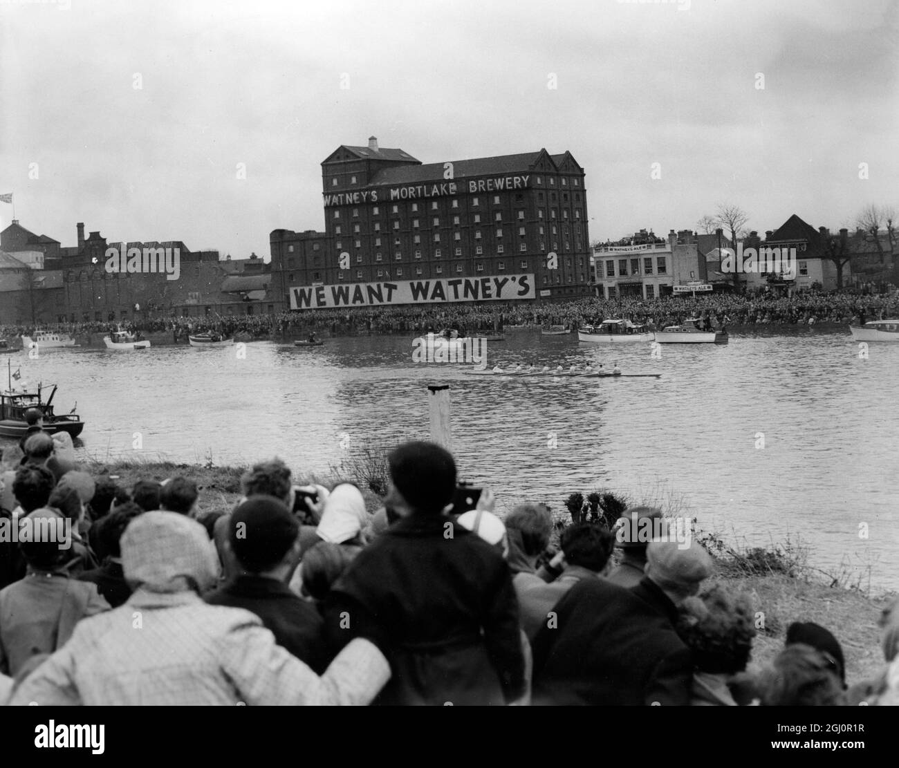 Cambridge gewinnt das Bootsrennen um 16 Längen die Cambridge-Crew meisterte Oxford vollständig, als sie das University-Bootsrennen um 16 Längen auf der Strecke von Putney nach Mortlake gewann. Die Szene in Mortlake, in der die Cambridge-Crew den Siegerposten passiert. Die Oxford-Besatzung ist 16 Länge hinter dem 26. März 1955 außer Sichtweite Stockfoto