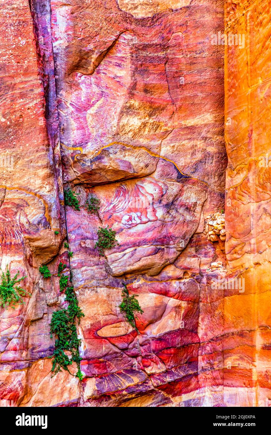 Roten Felsen abstrakte Petra Jordan von der Nabataens in 200 v. Chr. bis 400 n. Chr. erbaut.  Rose Red Canyon erstellten Wände viele abstrahiert schließen sich.  In den Gräbern Stockfoto