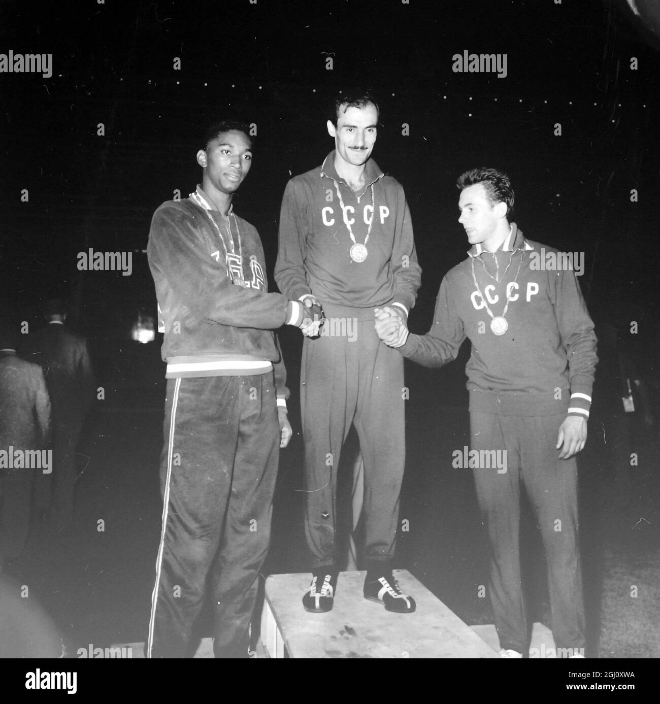 OLYMPISCHES SPIEL HOCHSPRUNG SHAVLAKAZE GOLD BRUMEL SILBER THOMAS BRONZE 2 SEPTEMBER 1960 Stockfoto