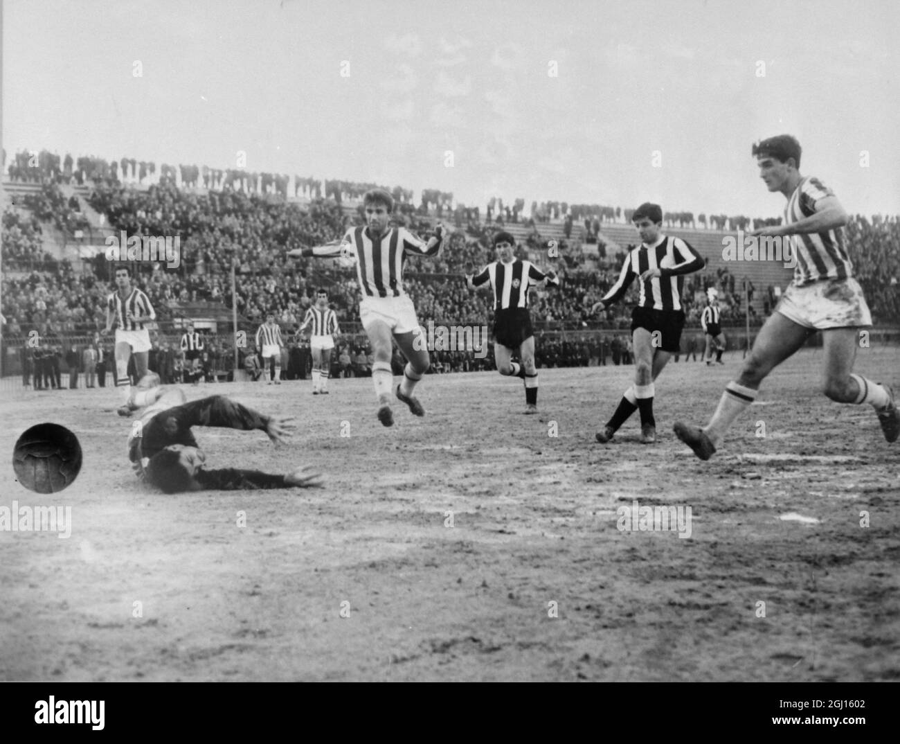 FUSSBALL OLYMPIACOS GRIECHENLAND V PARTIZAN JUGOSLAWIEN TORWART TZANAKTZIS RETTET ; 1. JANUAR 1963 Stockfoto