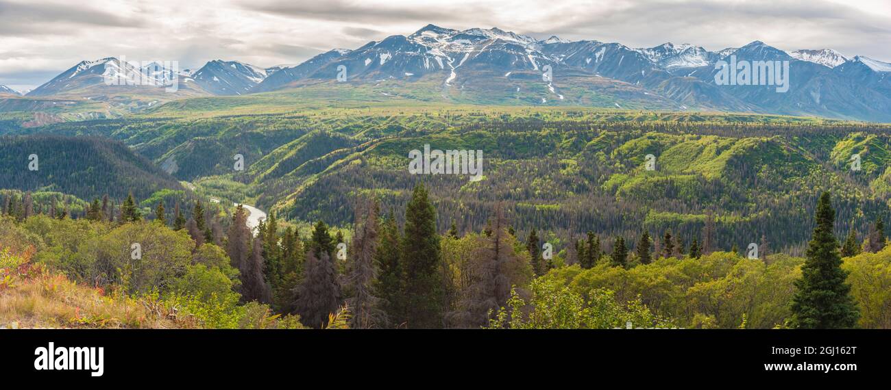 Kanada, Yukon. Blick auf das Parton River Valley auf dem Haines Highway. Stockfoto