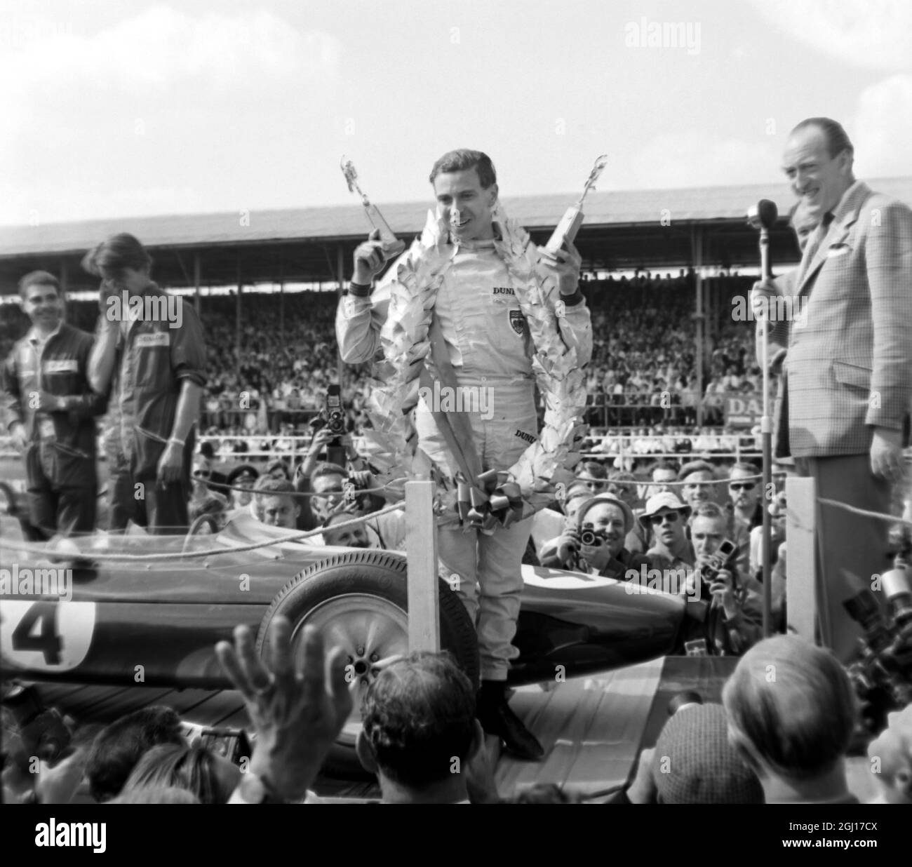 20. JULI 1963 JIM CLARK GEWINNT MIT EINEM LOTUS-HÖHEPUNKT DEN BRITISCHEN GRAND PRIX IN SILVERSTONE, ENGLAND. Stockfoto