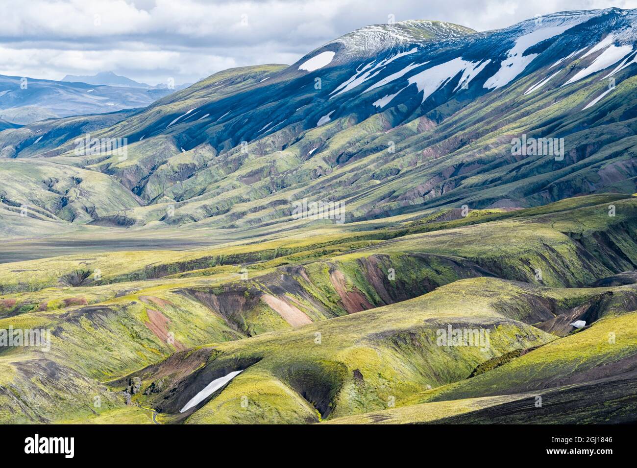 Island, Fjallabak Nature Reserve, Landmannalaugar. Die tief erodierten Berge sind mit hellgrünem Moos bedeckt. Stockfoto