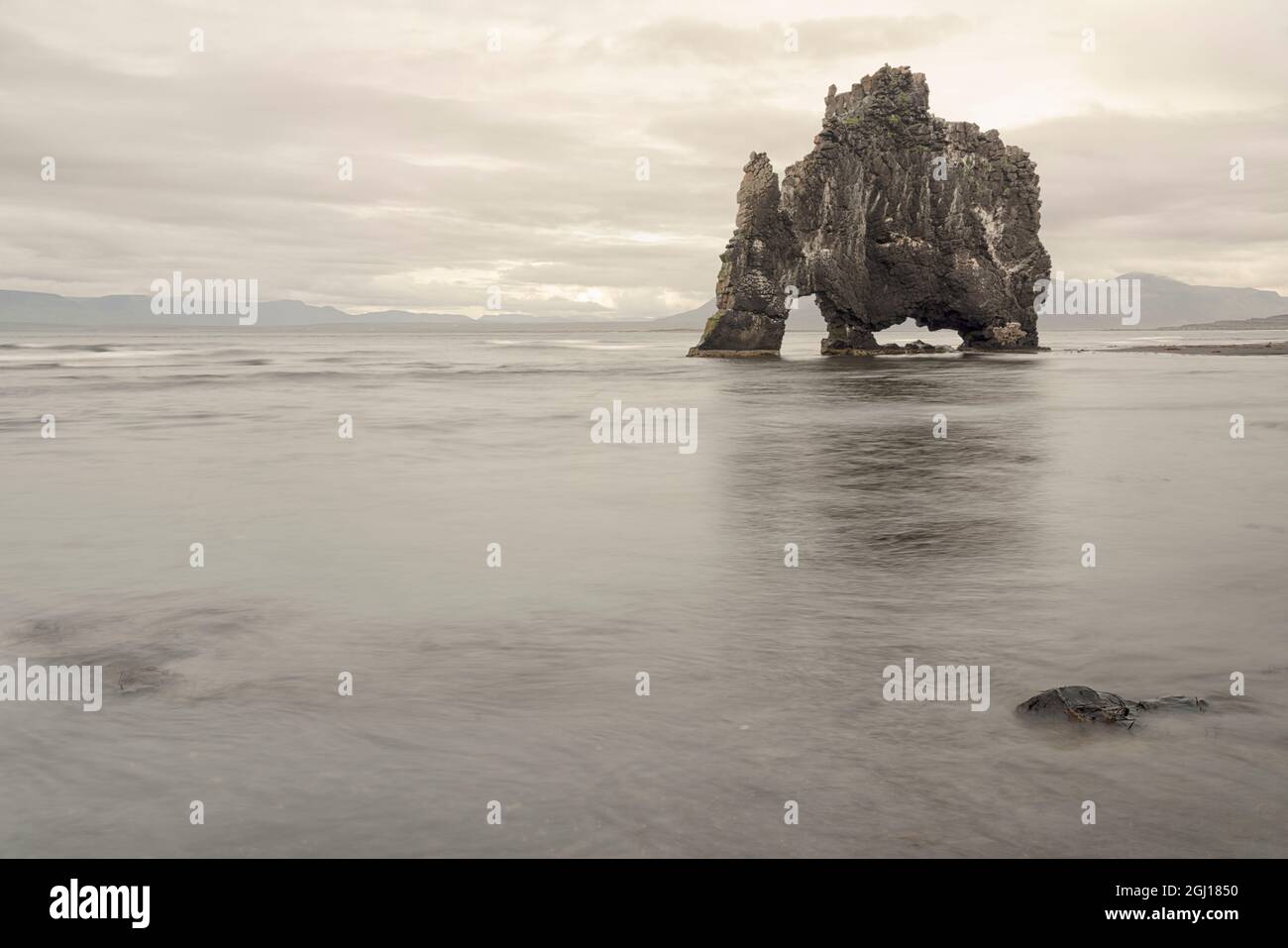 Island, Hvitserkur. Dieser Meeresstapel oder Monolith stellt eine Legende dar, dass es sich um einen Troll handelte, der in Stein verwandelt wurde, weil er bei Tageslicht draußen war. Stockfoto