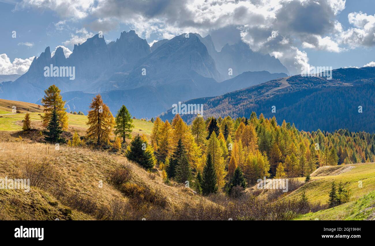 Blick in Richtung Pale di San Martino, Focobon-Gebirge, in den Dolomiten des Trentino, von der alpe Fuciade im südlichen Marmolada-Gebirge aus gesehen. Italien. Stockfoto