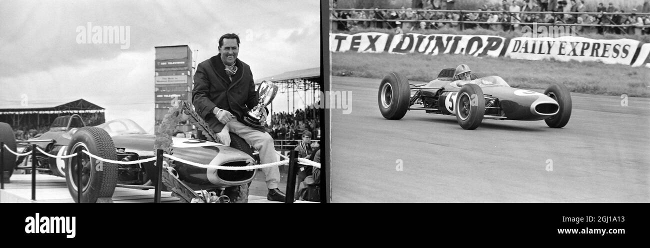 JACK BRABHAM - RENNFAHRER IM EINSATZ BEIM 16. INTERNATIONALEN POKALRENNEN AUF DER SILVERSTONE-RENNSTRECKE - ; 5. MAI 1964 Stockfoto