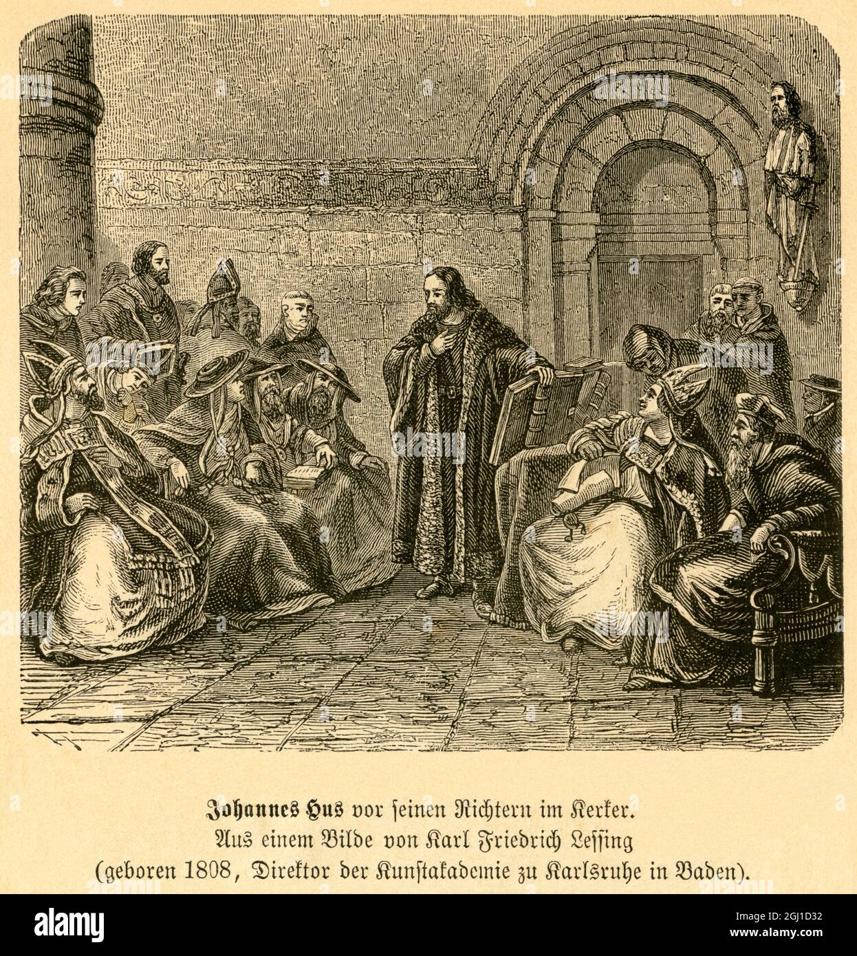 Europa, Deutschland, Baden-Württemberg , Konstanz, Johannes Hus vor seinen Richtern im Kerker , aus einem Bild von Karl Friedrich Lessing, Motiv aus : ' die Kirche Christi in Bild und Wort ' , von Christlieb Gotthold Ottinger, Verlag von Dr. Ottinger´s Volksblatt ( Volksblatt Verlag ) , Straßburg im Elsaß , 1878 . / Europa, Deutschland, Baden-Württemberg, Konstanz, John Hus vor seinen Richtern im Kerker, nach einem Motiv von Karl Friedrich Lessing, Bild aus: ' die Kirche Christi in Bild und Wort ', von Christlieb Gotthold Ottinger, Verlag Hou Stockfoto