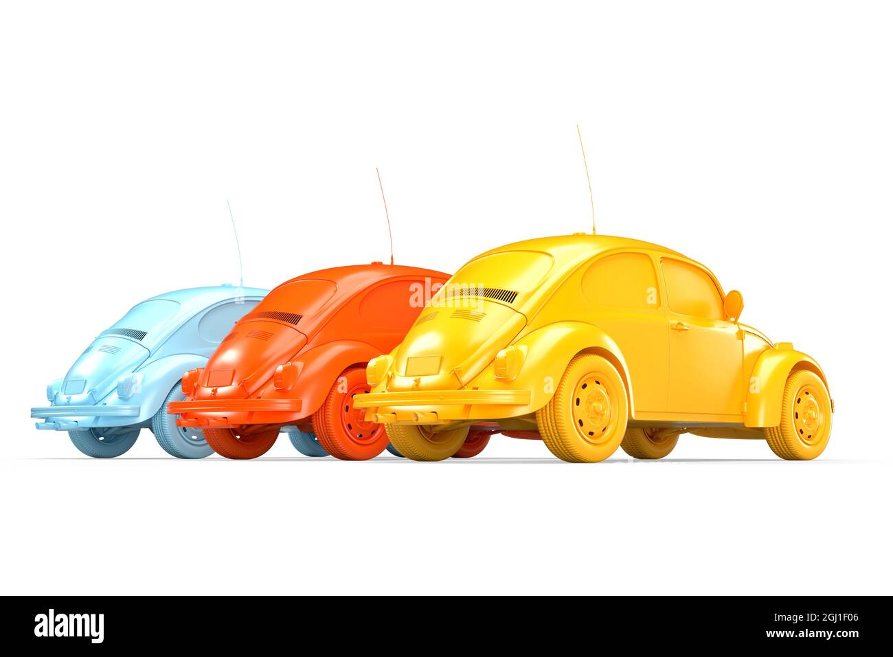 Rückansicht von drei Oldtimern. 3D-Illustration Stockfoto