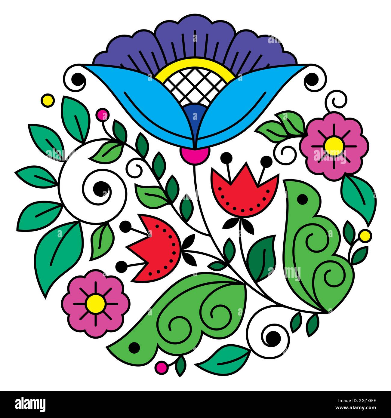 Skandinavische Volkskunst Blumen Vektor rundes Design Muster, Retro floral Design im Kreis inspiriert von der traditionellen Stickerei aus Schweden Stock Vektor