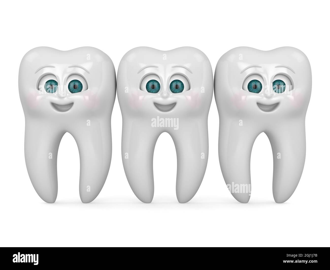 3D-Rendering von Cartoon Mr Tooth mit Freunden isoliert über weißen Backgorund. Konzept der Kinderzahnheilkunde. Stockfoto