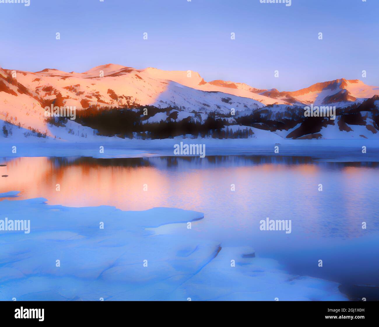 USA, Kalifornien, Sierra Nevada. Abstract von Frühlingstau am Ellery Lake. Stockfoto