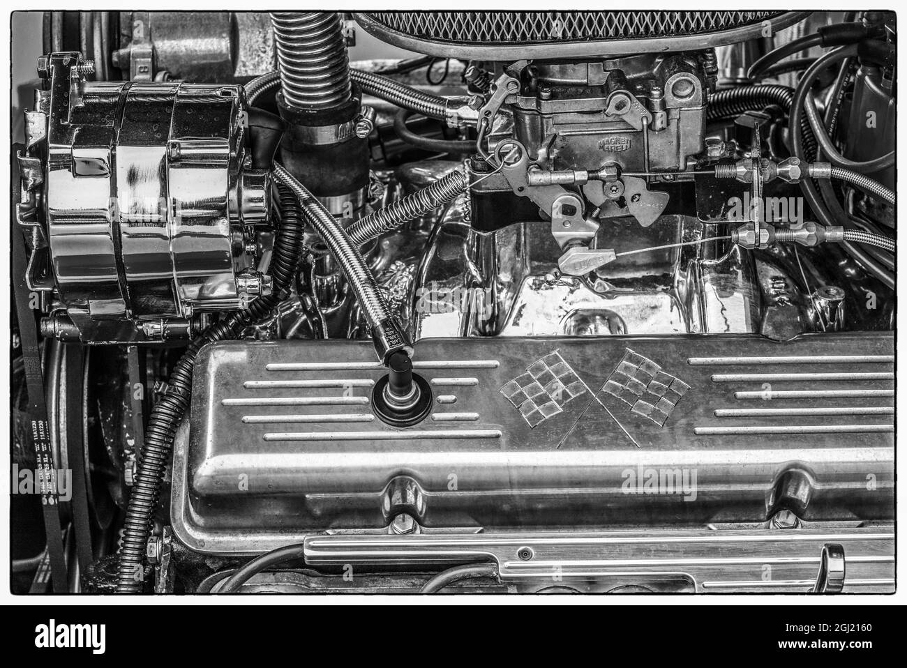 USA, Massachusetts, Essex. Detail von antiken Autos, Hot Rod Motor. Stockfoto