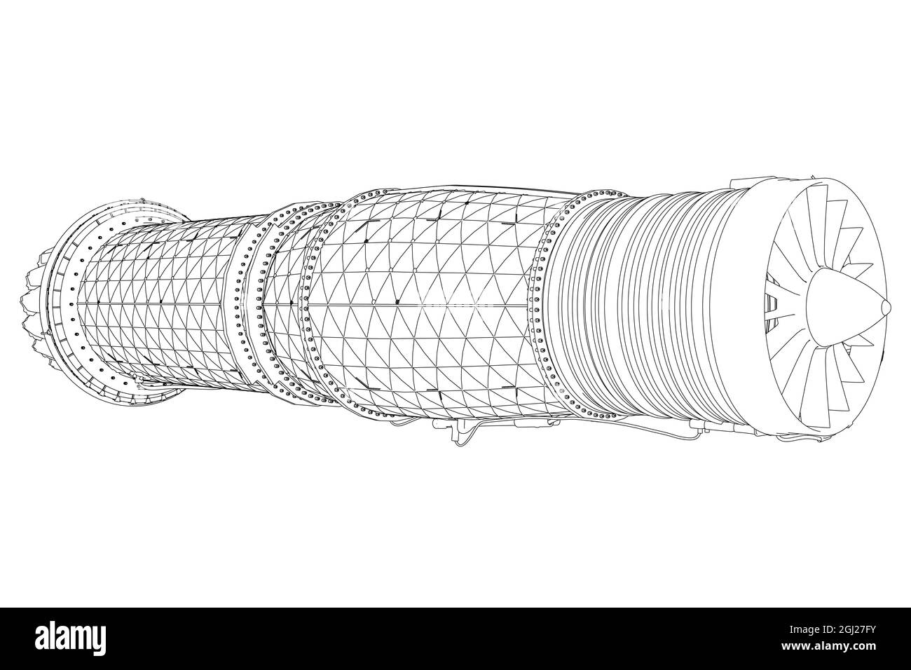 Detaillierte Kontur einer Flugzeugturbine aus schwarzen, auf weißem Hintergrund isolierten Linien. Vektorgrafik. Stock Vektor