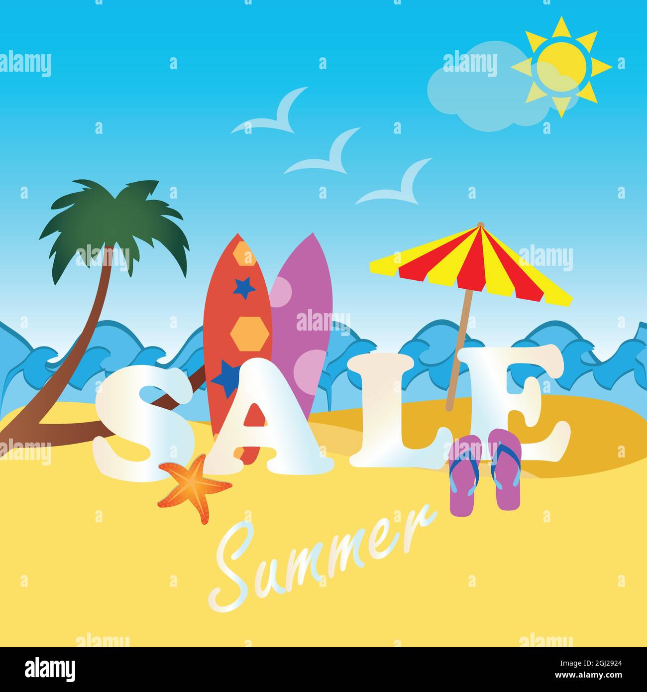 Strand mit dem Text Verkauf und Sommer Stock Vektor