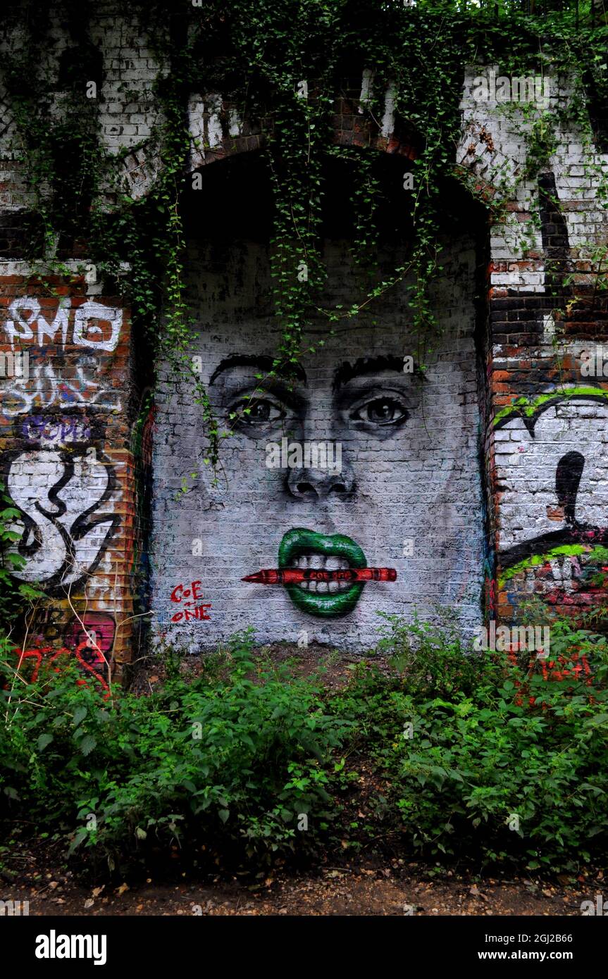 Graffiti in Bögen unter der Mount View Road Bridge im Parkland Spaziergang zwischen Finsbury Park und Highgate Woods, Haringay, London, Großbritannien. Stockfoto