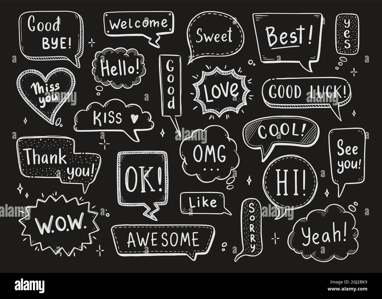 Komische Sprechblase mit Dialogwort Hi, ok, bye, Herzlich Willkommen. Handgezeichnete Skizze Doodle Stil und Kreidetafel Hintergrund. Vektordarstellung Sprechblase Chat, Nachrichtenelement. Stock Vektor