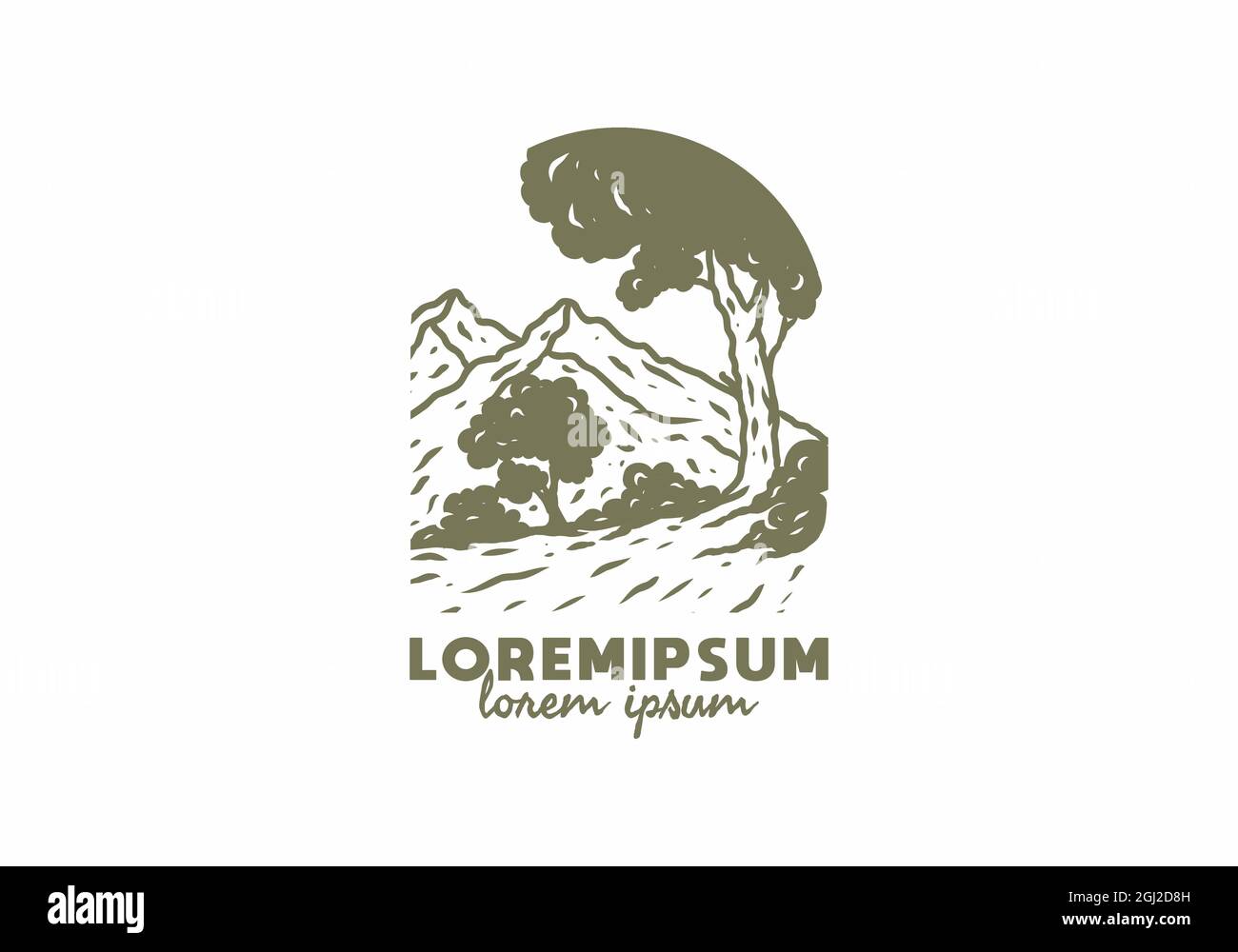 Berg und Bäume Illustration Zeichnung mit lorem ipsum Text Design Stock Vektor