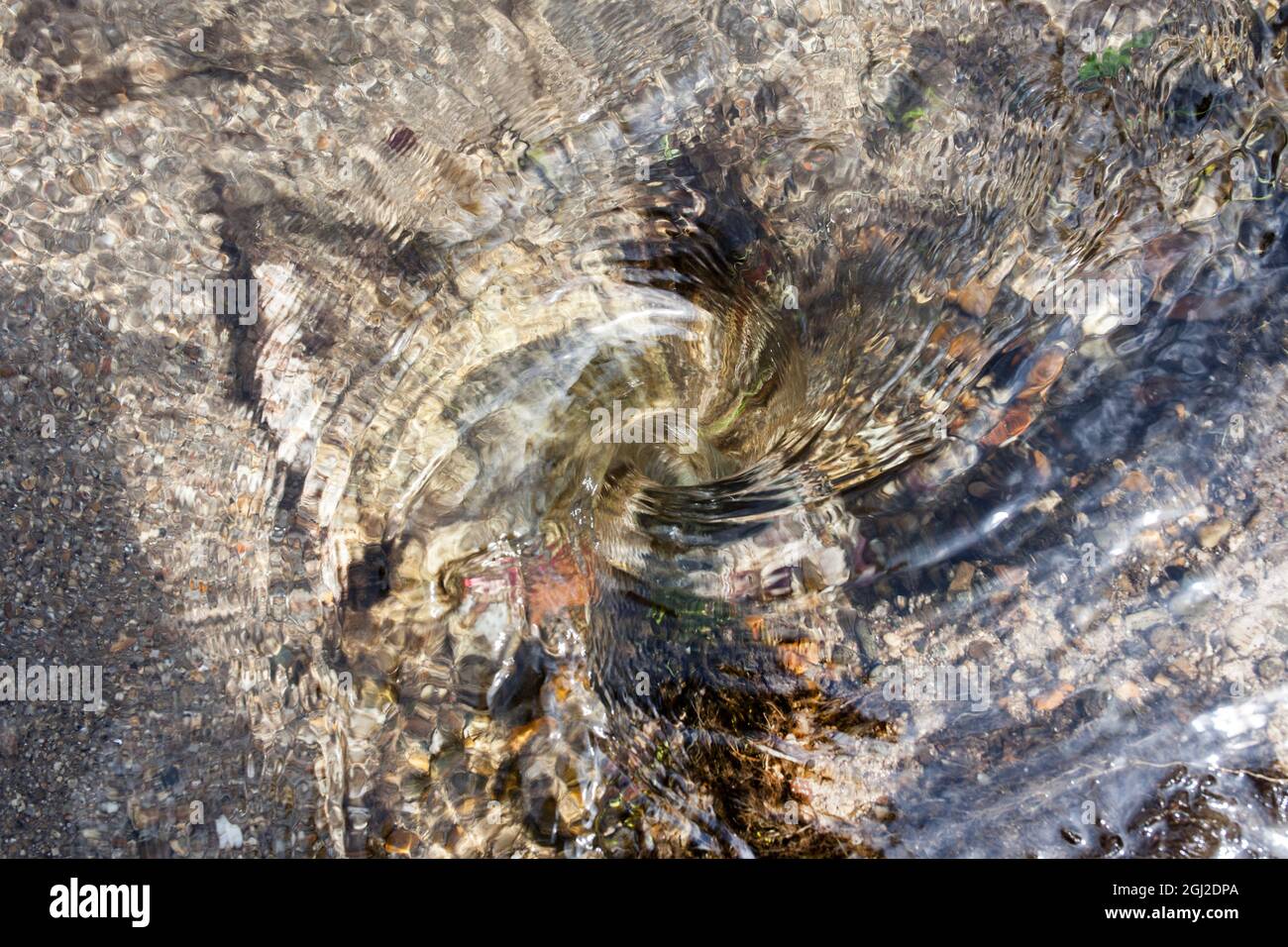 Kleiner Whirlpool am kristallklaren Wasser-Bergbach. Nahaufnahme Stockfoto