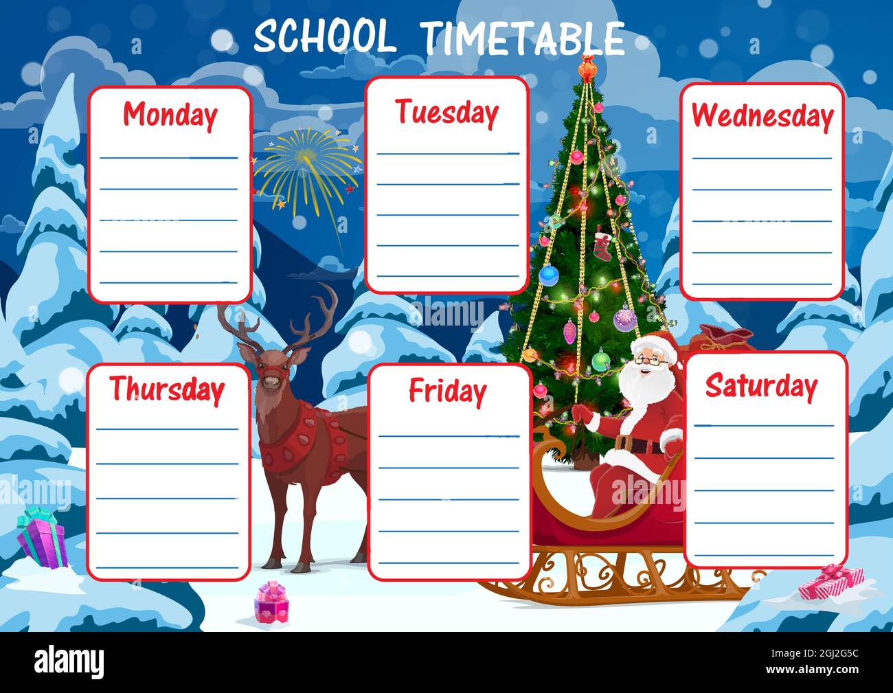 Bildung Schule Zeitplan Vektor-Vorlage mit Cartoon Santa Claus sitzen im Schlitten mit Rentieren in der Nähe von Weihnachtsbaum. Kinder-Zeitschneller mit Weihnachtseinklang Stock Vektor
