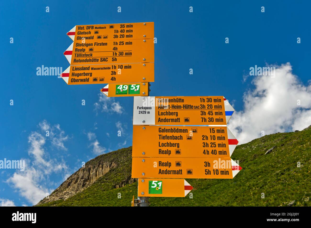 Wegweiser für Wanderwege am Furkapass, Wallis, Schweiz Stockfoto