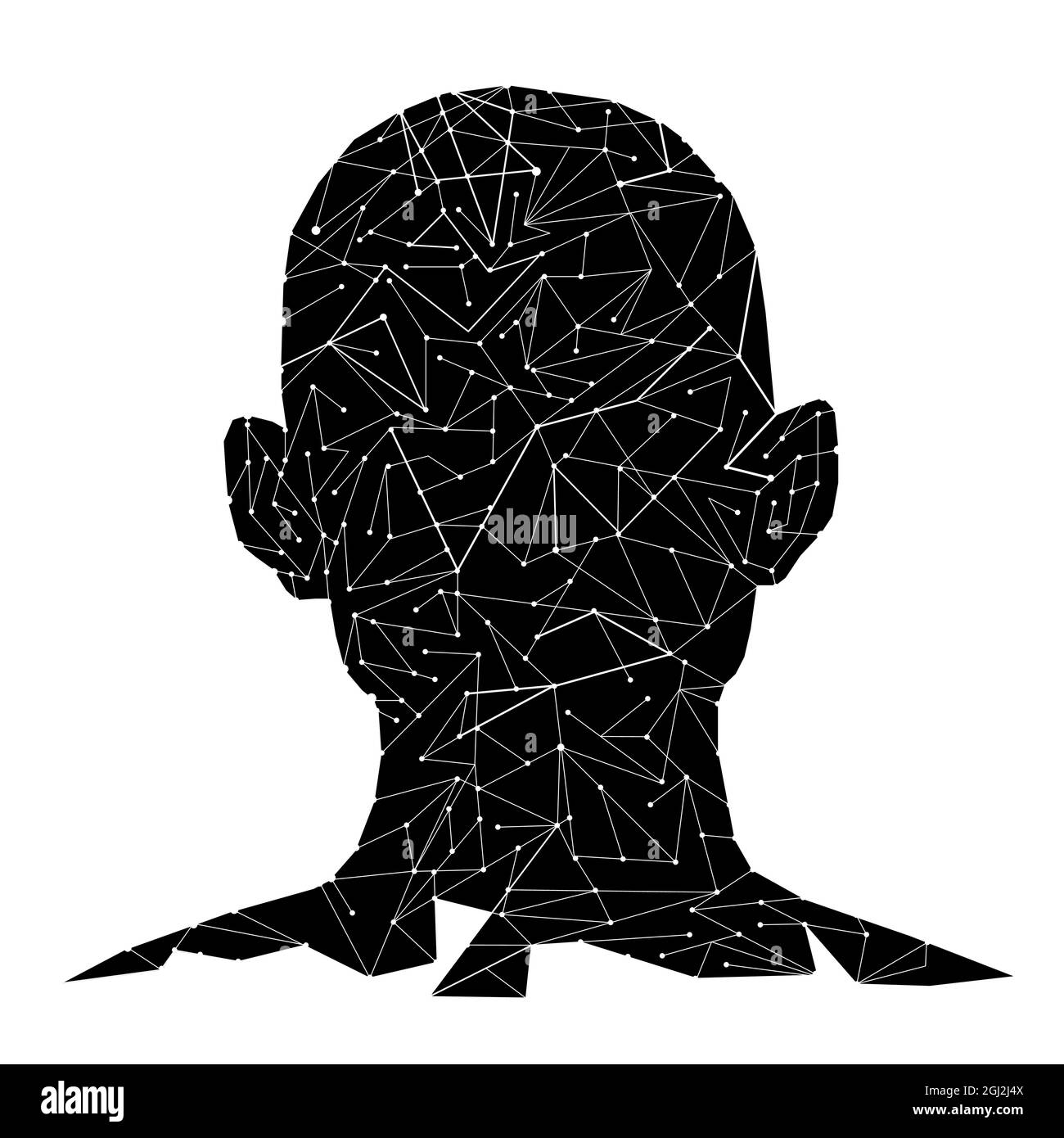 Menschlicher Kopf aus futuristischen polygonalen Linien und Punkten. Polygonales Mosaik. Schwarzes Bild eines männlichen Kopfes im Gesicht isoliert von weißem Hintergrund. Vect Stock Vektor