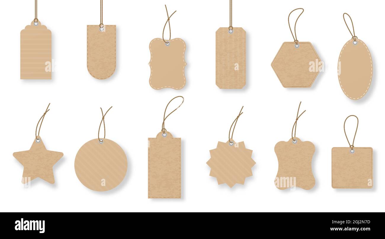 Preisschilder aus Papier, Gepäckanhänger mit Schnur, Geschenkanhänger. Alte Vintage-Verkaufslabels in verschiedenen Formen. Werbeplakette mit Seil-Vektor-Set. Erstellen Sie Shopping-Tags in verschiedenen Formen für die Preisgestaltung Stock Vektor