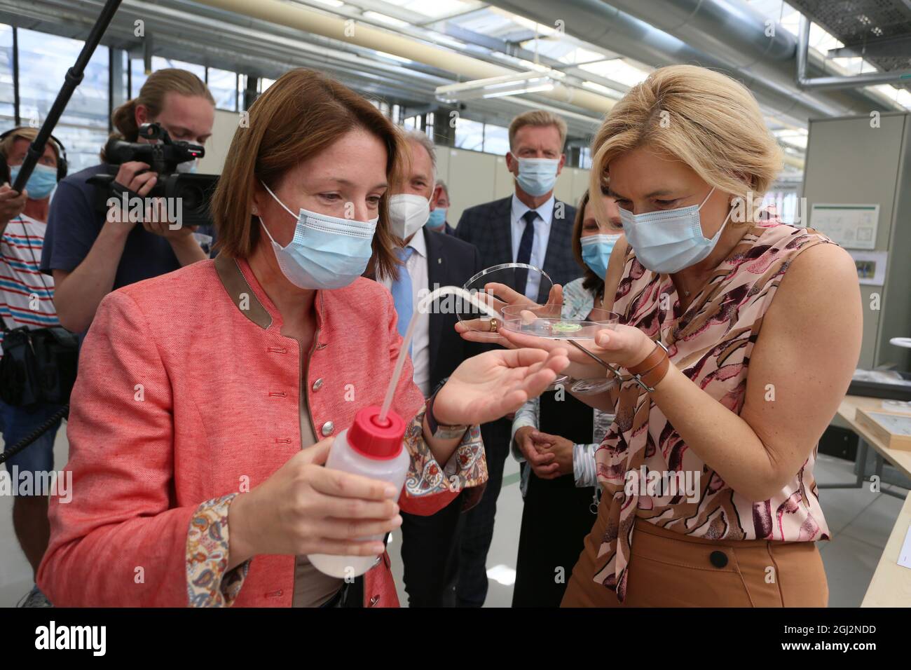 Quedlinburg, Deutschland. September 2021. Julia Klöckner (r), Bundesministerin für Ernährung und Landwirtschaft, hat ihr eine wissenschaftliche Arbeit von Nadine Bräsicke, Mitarbeiterin am Julius Kühn-Institut, erklärt. Ab 2022 soll das Fachinstitut für Waldschutz am Standort im Harz seine Arbeit beginnen. Quelle: Matthias Bein/dpa-Zentralbild/ZB/dpa/Alamy Live News Stockfoto