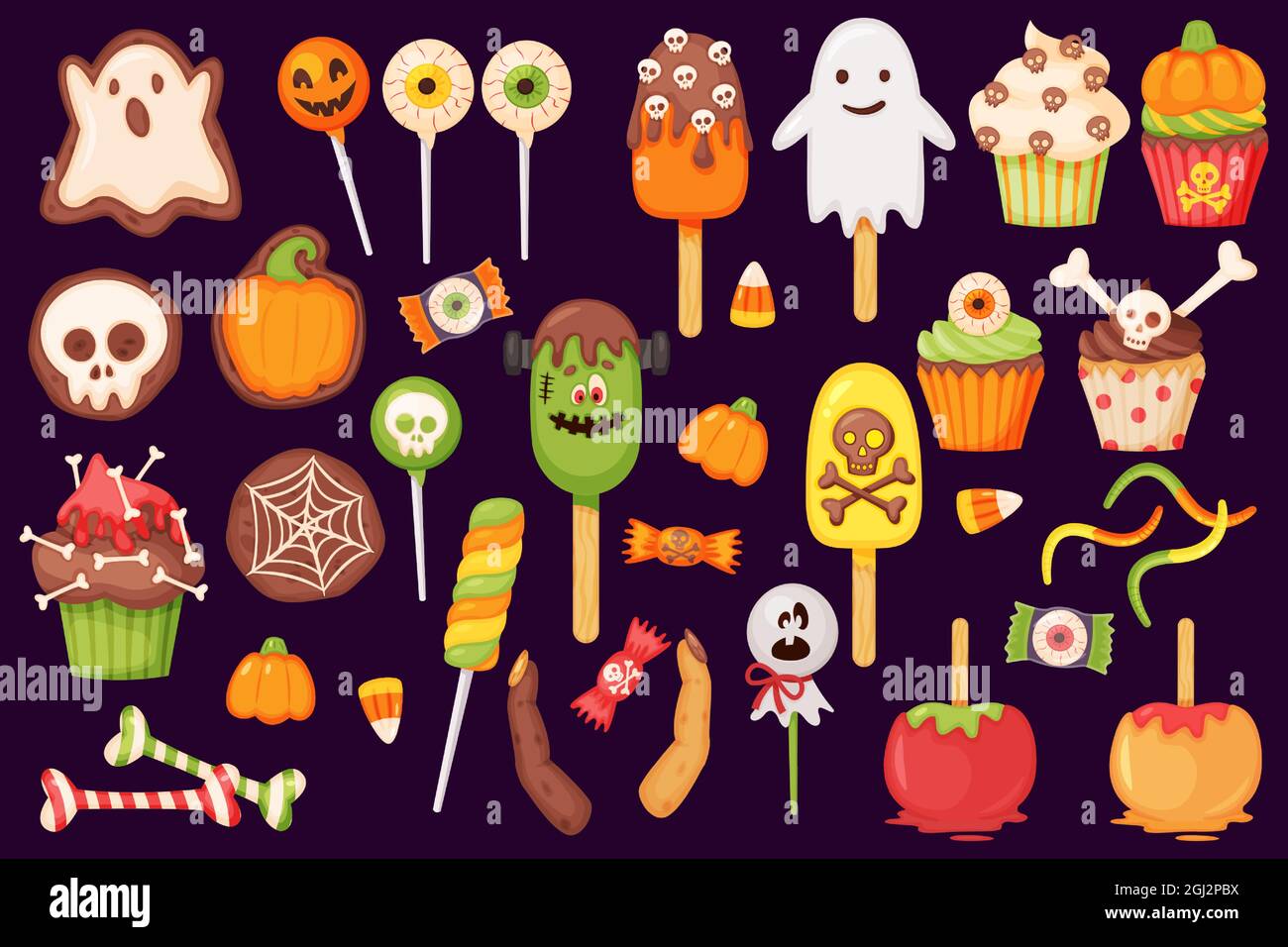 Cartoon halloween Süßigkeiten, Lutscher und Cupcakes. Karamell-Apfel, Kürbis und Geisterkeks. Herbst Urlaub süße Leckereien Vektor-Set. Lustige Horror-Monster, Augäpfel und Finger Stock Vektor