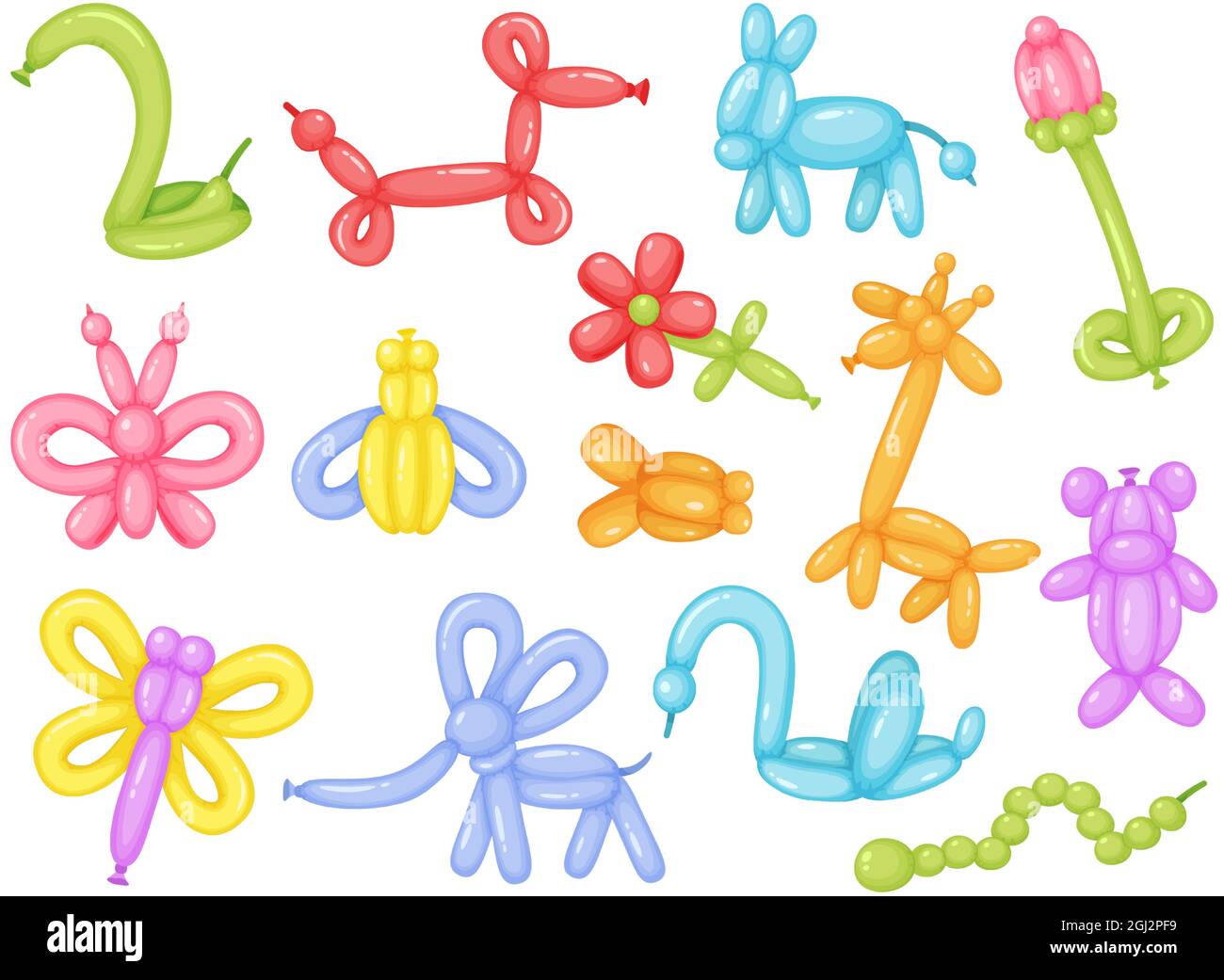 Cartoon Ballon Tiere, bunte Ballons für Kinder Geburtstage Feier. Lustige Tierspielzeug Giraffe, Schmetterling, Geburtstagsfeier Dekor Vektor-Set. Helium Spielzeug für Kinder Unterhaltung Stock Vektor