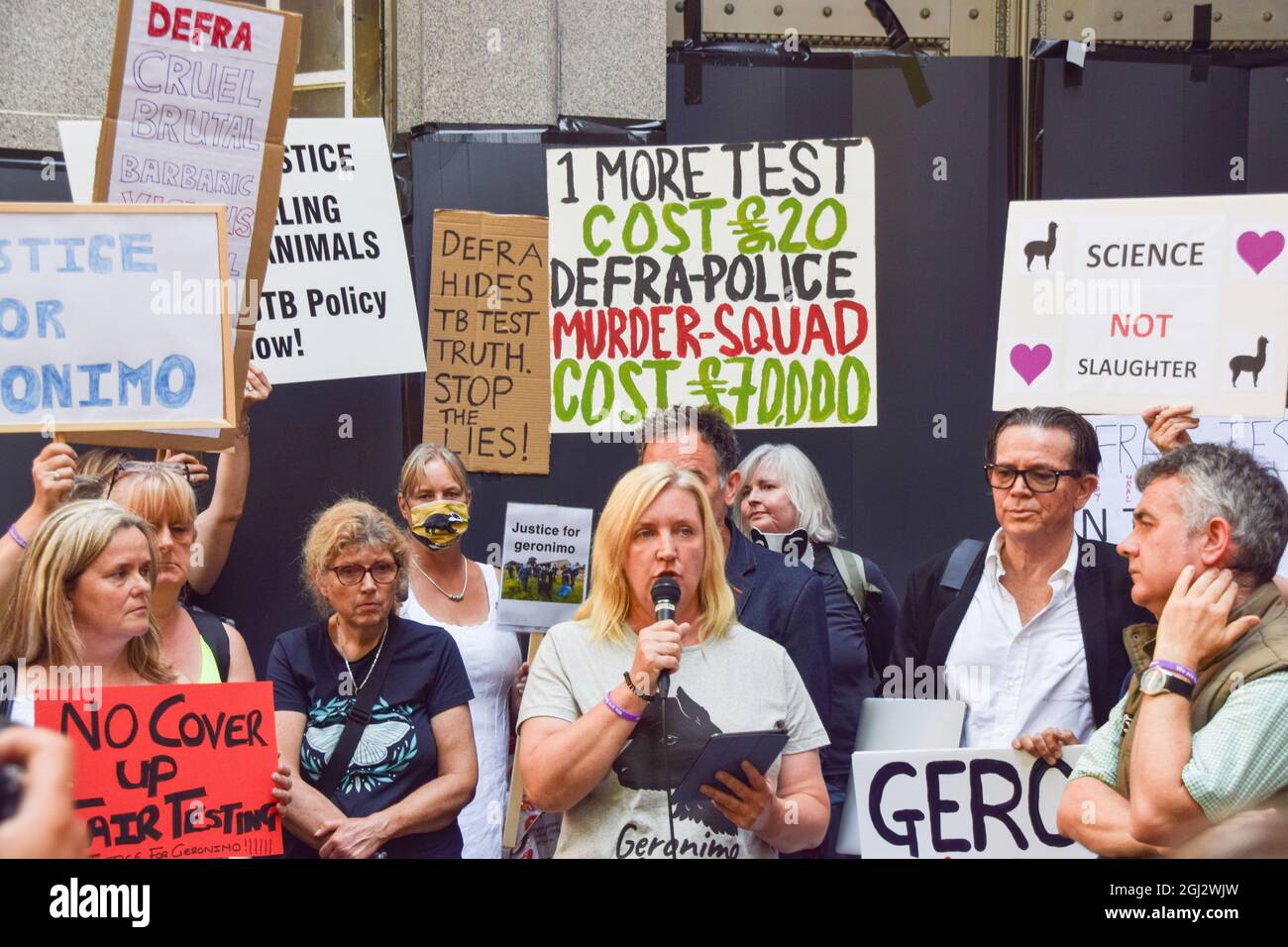 London, Großbritannien. September 2021. Geronimos Betreuerin Helen MacDonald spricht mit den Demonstranten. Die Demonstranten versammelten sich vor Defra (Ministerium für Umwelt, Ernährung und ländliche Angelegenheiten) und forderten Gerechtigkeit für den kürzlich getöteten Geronimo, den Alpaka, und forderten Defra auf, die Dachsküllung zu stoppen. (Kredit: Vuk Valcic / Alamy Live News) Stockfoto