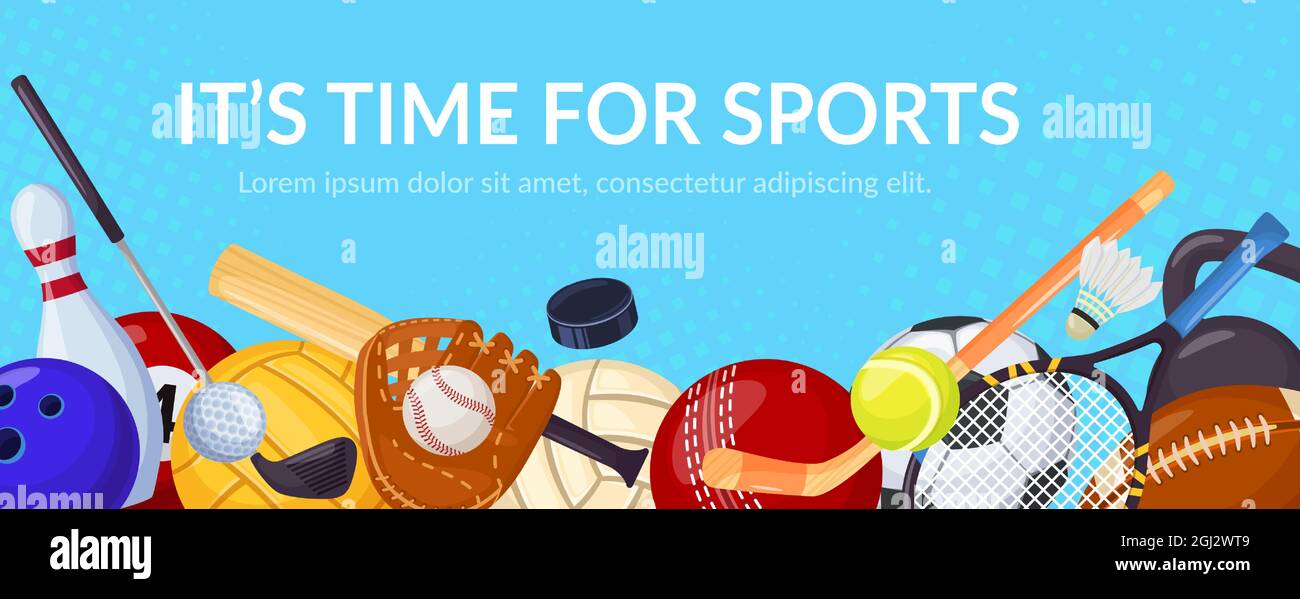 Sport-Spiele-Banner mit Sportausrüstung. Tennis, Volleyball, Fußball. Cartoon Ballspiele sportliche Aktivität, gesunde Lebensweise Vektor Hintergrund. Fitnessartikel für Hobby und Freizeit Stock Vektor