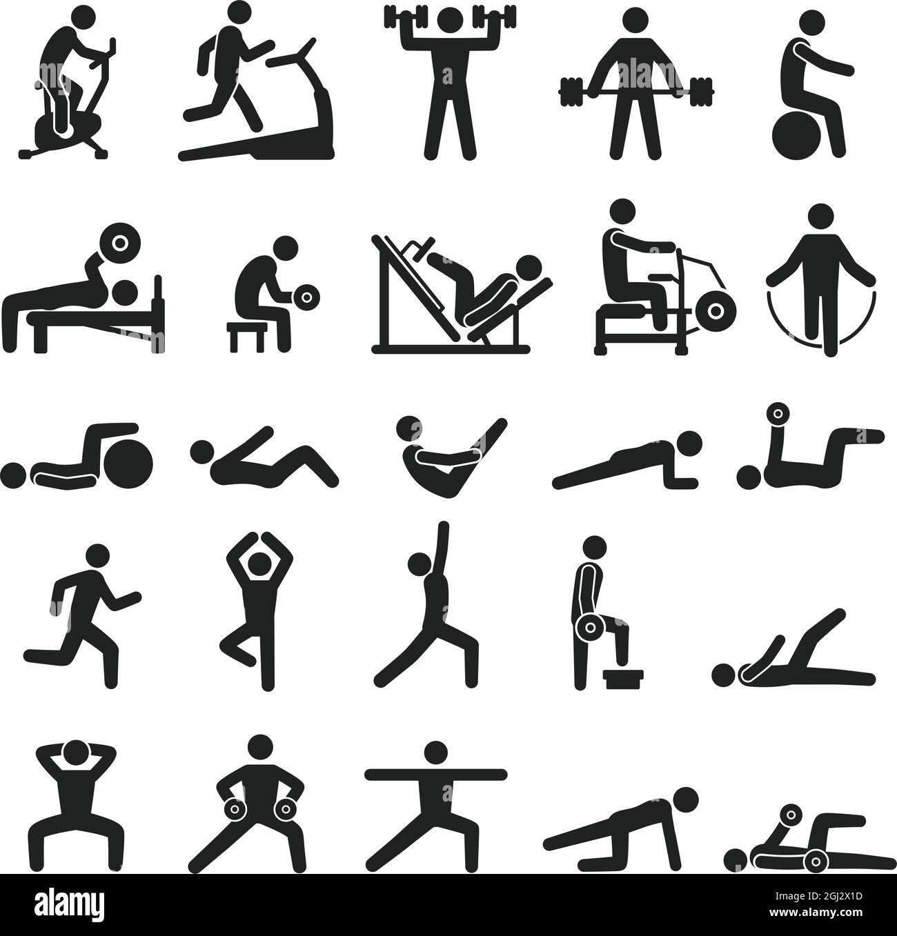 Symbole für Fitnessübungen, Piktogramme für Sportübungen. Menschen, die Yoga machen, trainieren, joggen. Verschiedene sportliche Aktivitäten Silhouette Vektor Symbol gesetzt. Charaktere mit Training mit Kurzhanteln Stock Vektor