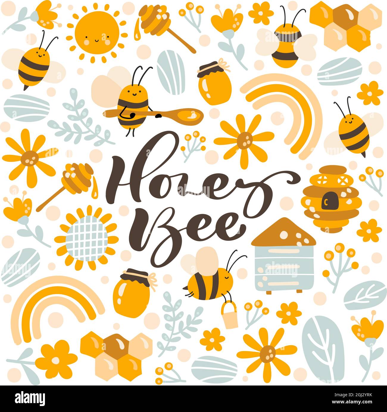 Kinder bunte Vektor-Poster handgezeichnete Set von Honig Cartoon Doodle Objekte und Text Honey Bee. Baby Symbole und Artikel Karte. Quadratische Formzusammensetzung Stock Vektor