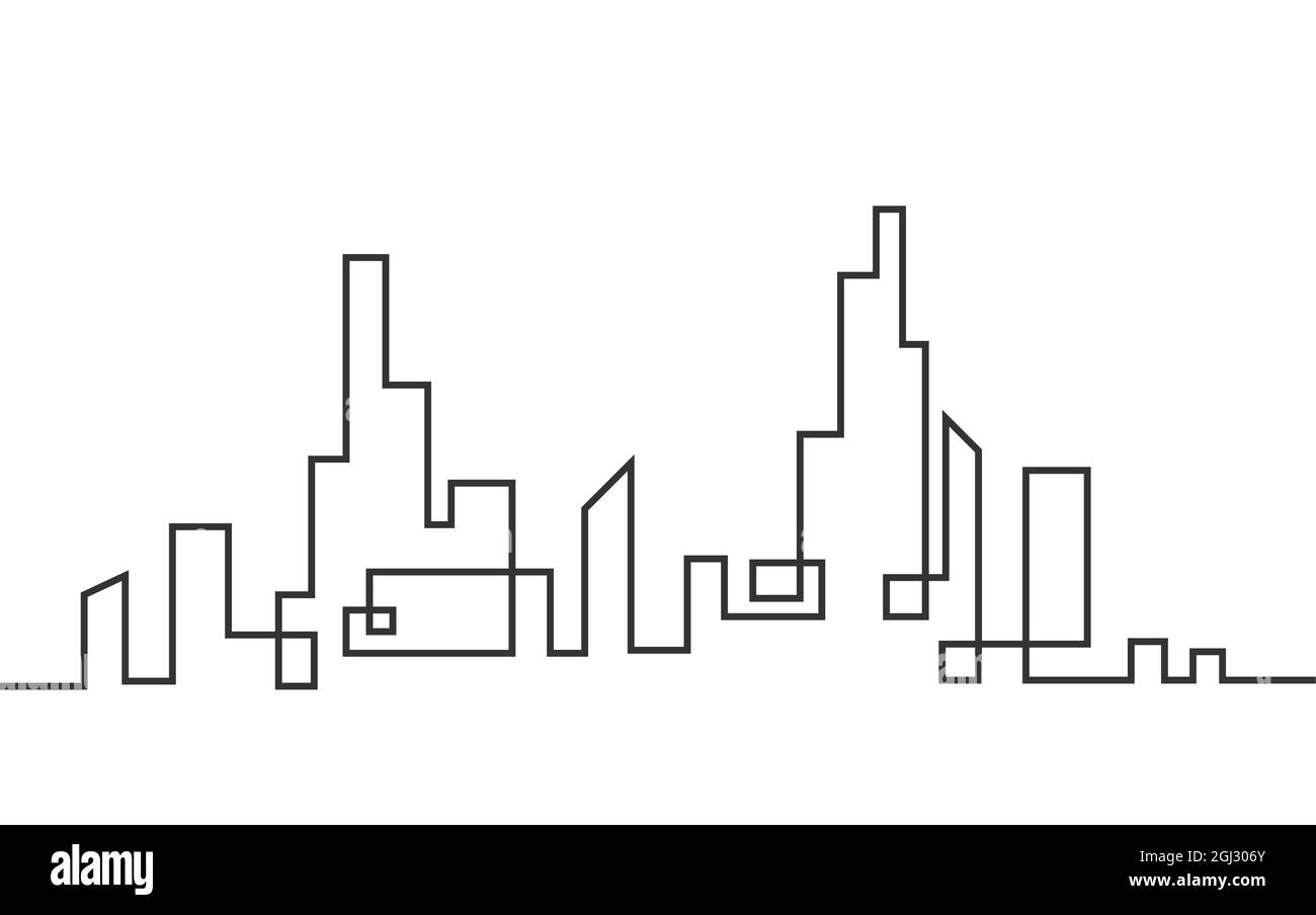 Die Silhouette einer abstrakten Stadt ist eine durchgehende Linie. Eine moderne Stadtlandschaft aus einer soliden Linie. Die Landschaft einer modernen Stadt in einer soliden Linie. Fl Stock Vektor