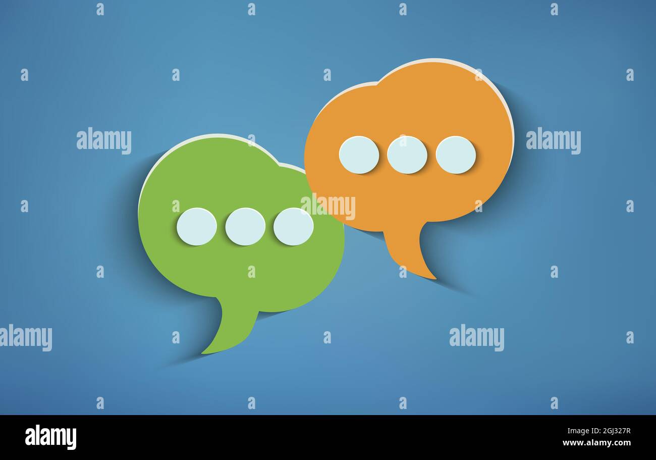 Konzept des Online-Kundendienstes und Beratungschats. Zwei Sprechblasen auf blauem Hintergrund. Soziales Netzwerk. Kommunikation und Empfehlung über das Internet Stock Vektor