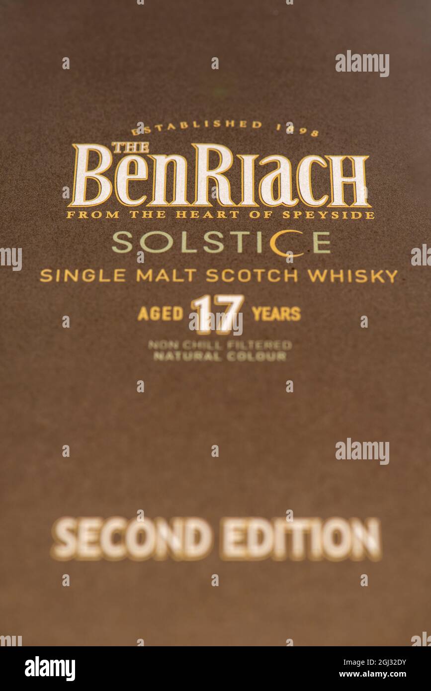 Schachtel mit 17 Jahre altem BENRIACH Single Malt Scotch Whisky Stockfoto