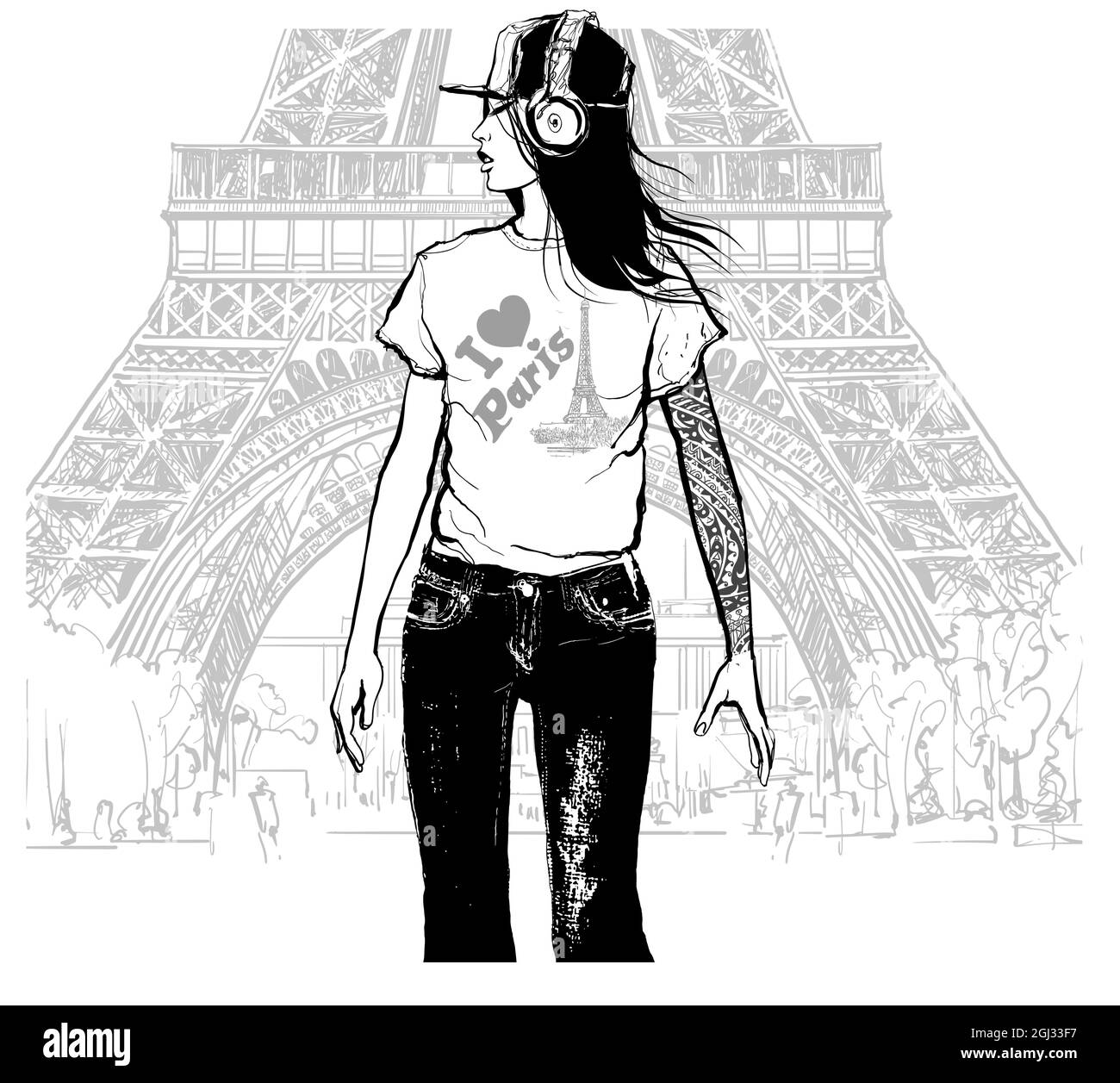 Mädchen mit Tattoo, Kappe und Kopfhörer zu Fuß in der Nähe des Eiffelturms in Paris - Vektor-Illustration Stock Vektor