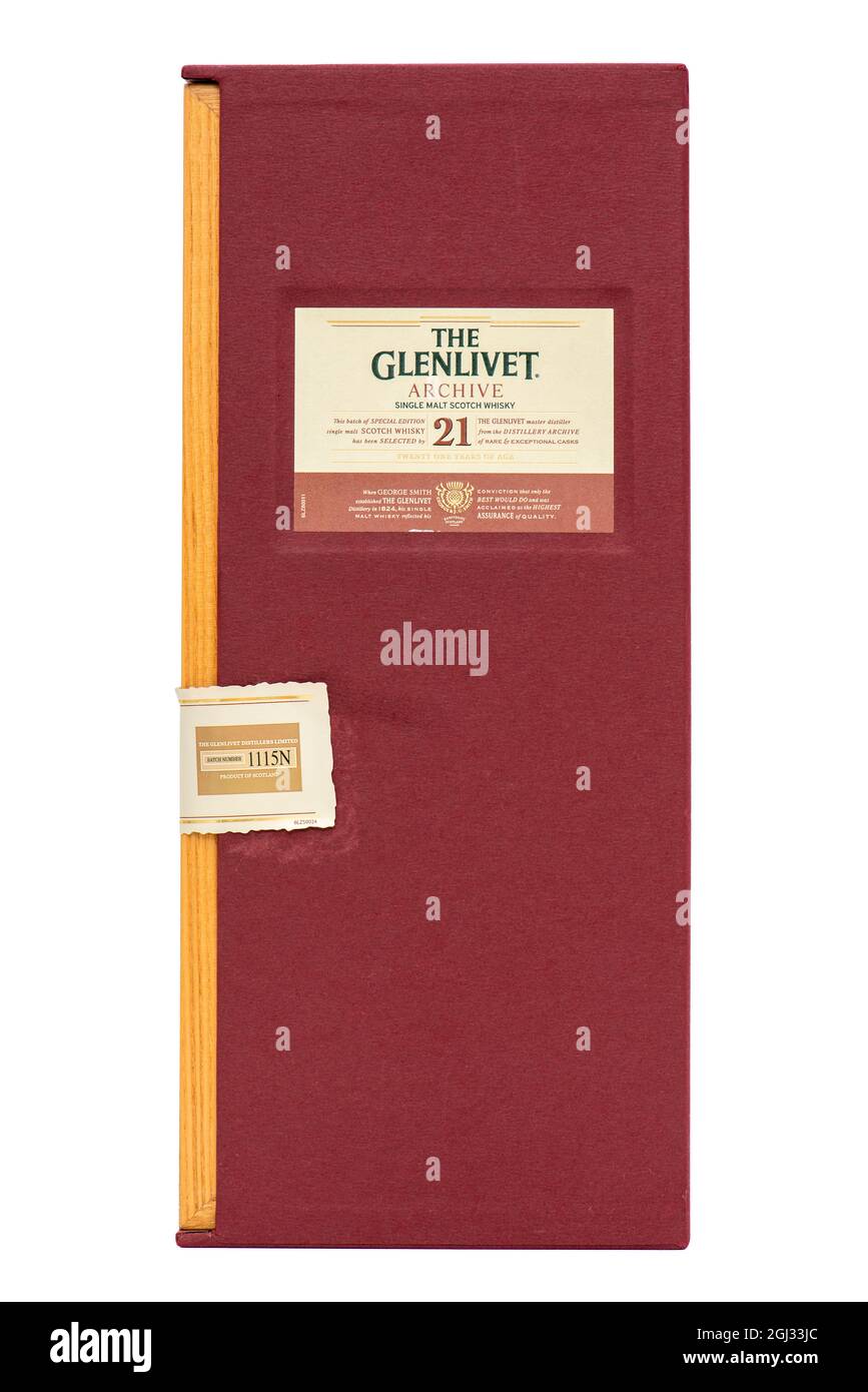 Schachtel mit 21 Jahre altem Glenlivet Single Malt Scotch Whisky Stockfoto