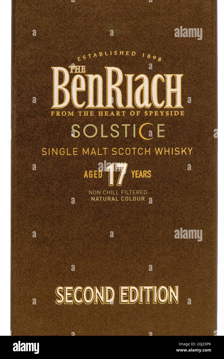 Schachtel mit 17 Jahre altem BENRIACH Single Malt Scotch Whisky Stockfoto