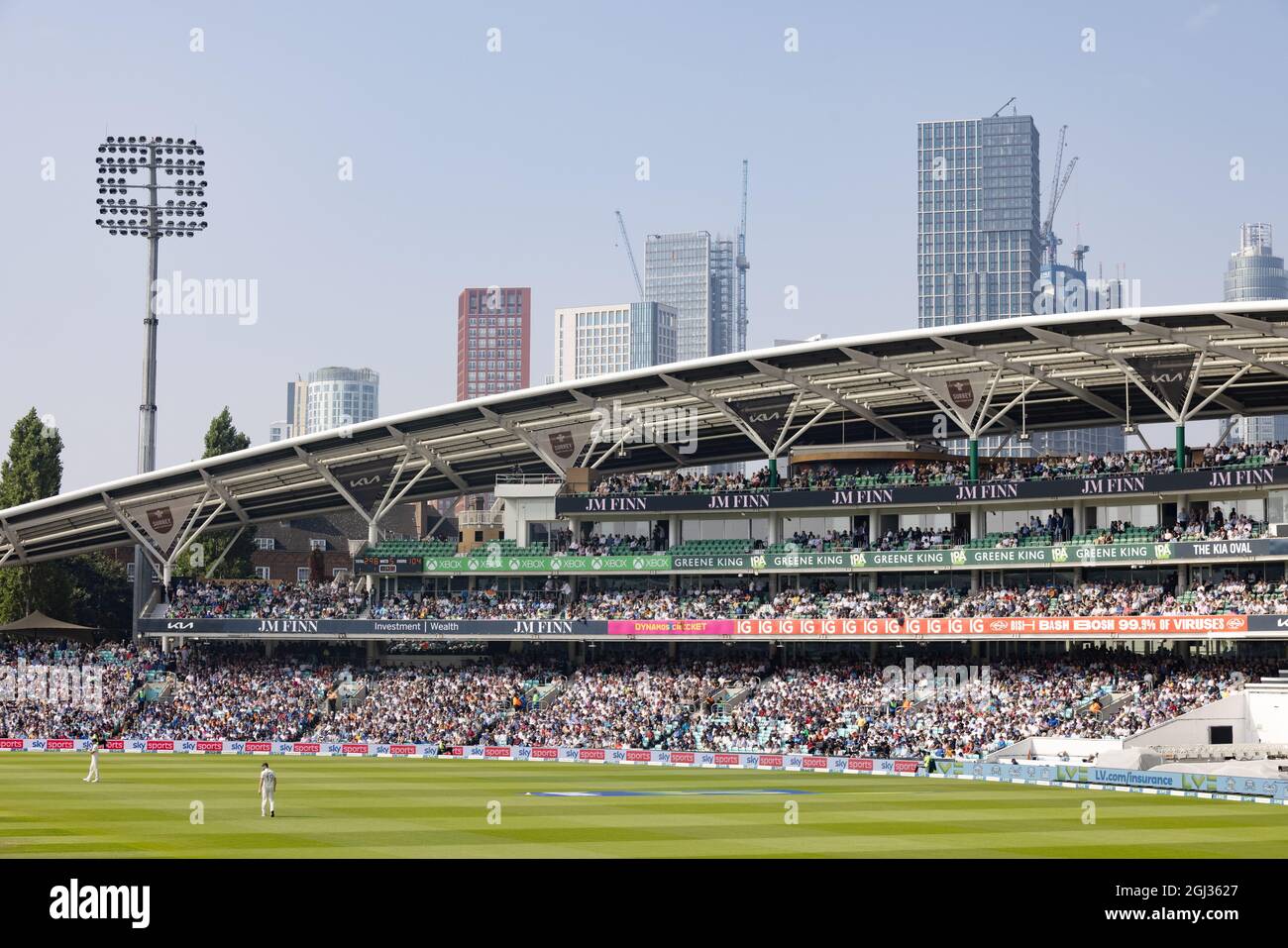 Der JM Finn Stand, mit Massen, der Oval Cricket Ground, auch bekannt als Kia Oval, Heimat des Surrey County Cricket Club, Kennington London, Großbritannien Stockfoto