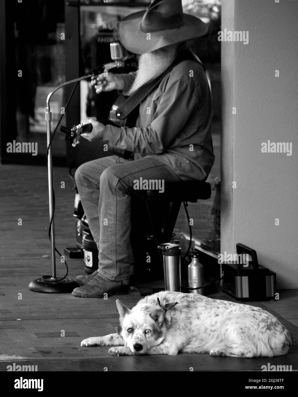 Ein Straßenkünstler spielt Gitarre und singt in Santa Fe, New Mexico, nach Tipps. Stockfoto