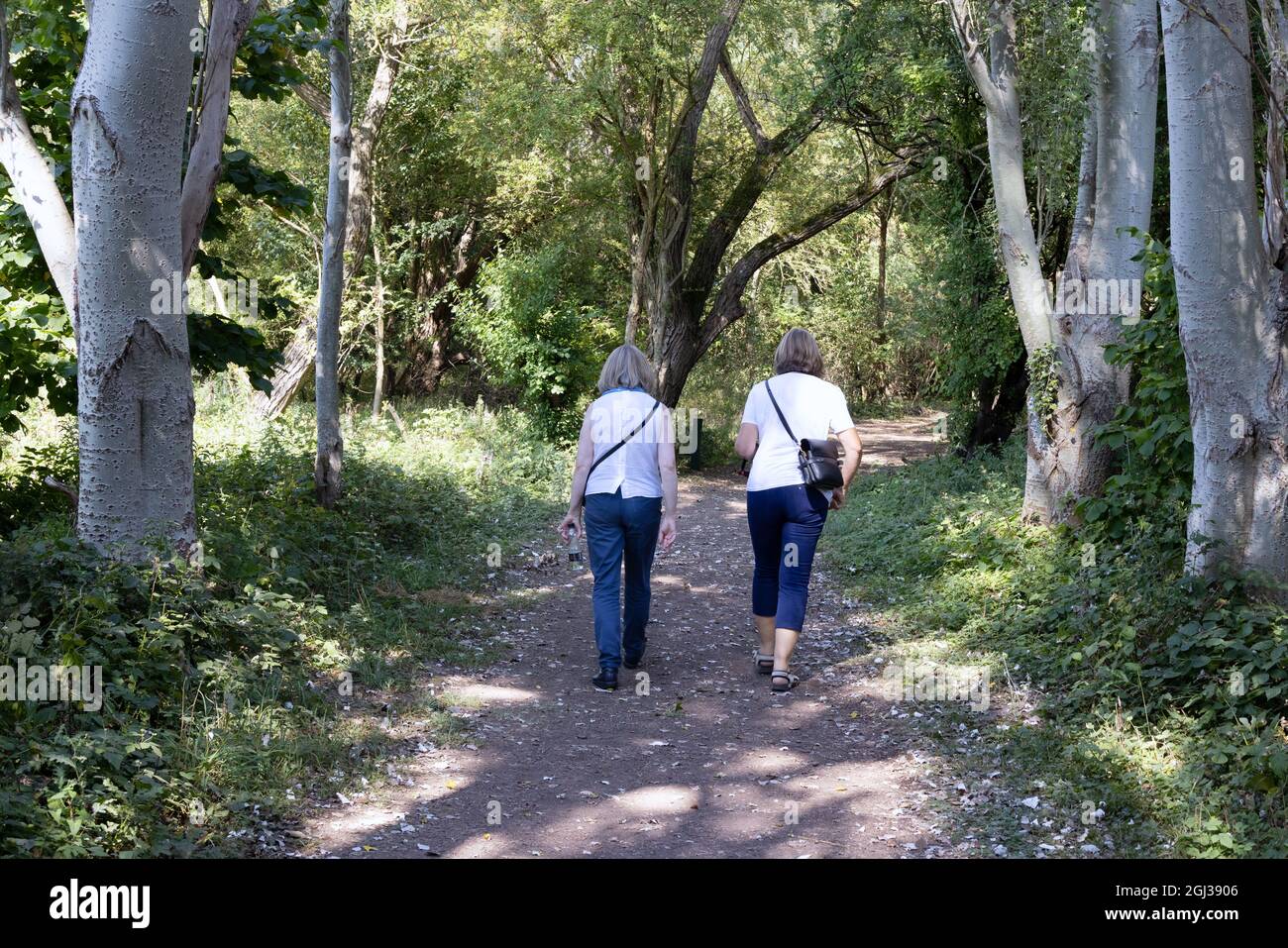 Outdoor-Bewegung und gesunder Lebensstil Großbritannien; zwei kaukasische Frauen mittleren Alters, die auf dem englischen Land spazieren, von hinten gesehen, Suffolk Großbritannien Stockfoto